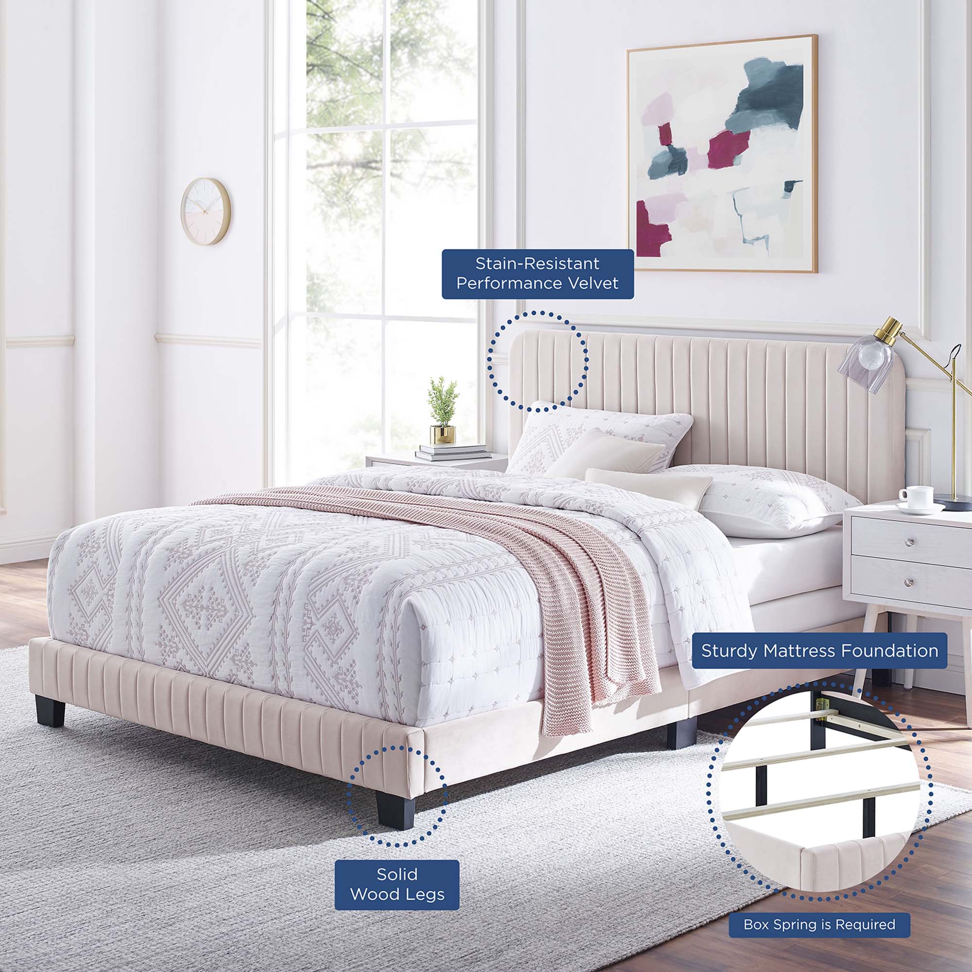 Celine Channel Tufted Performance Velvet Full Bed, Pink