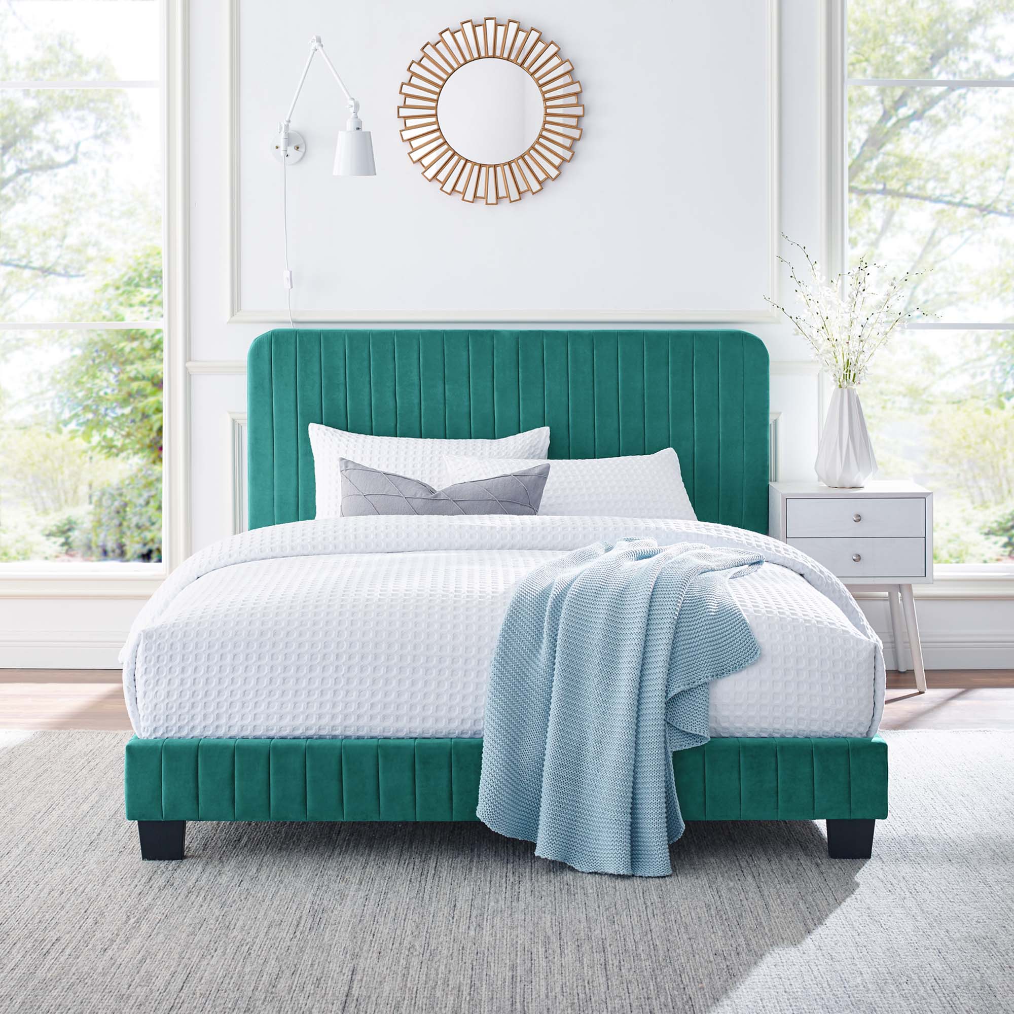 Celine Teal Channel Tufted Performance Velvet Queen Platform Bed