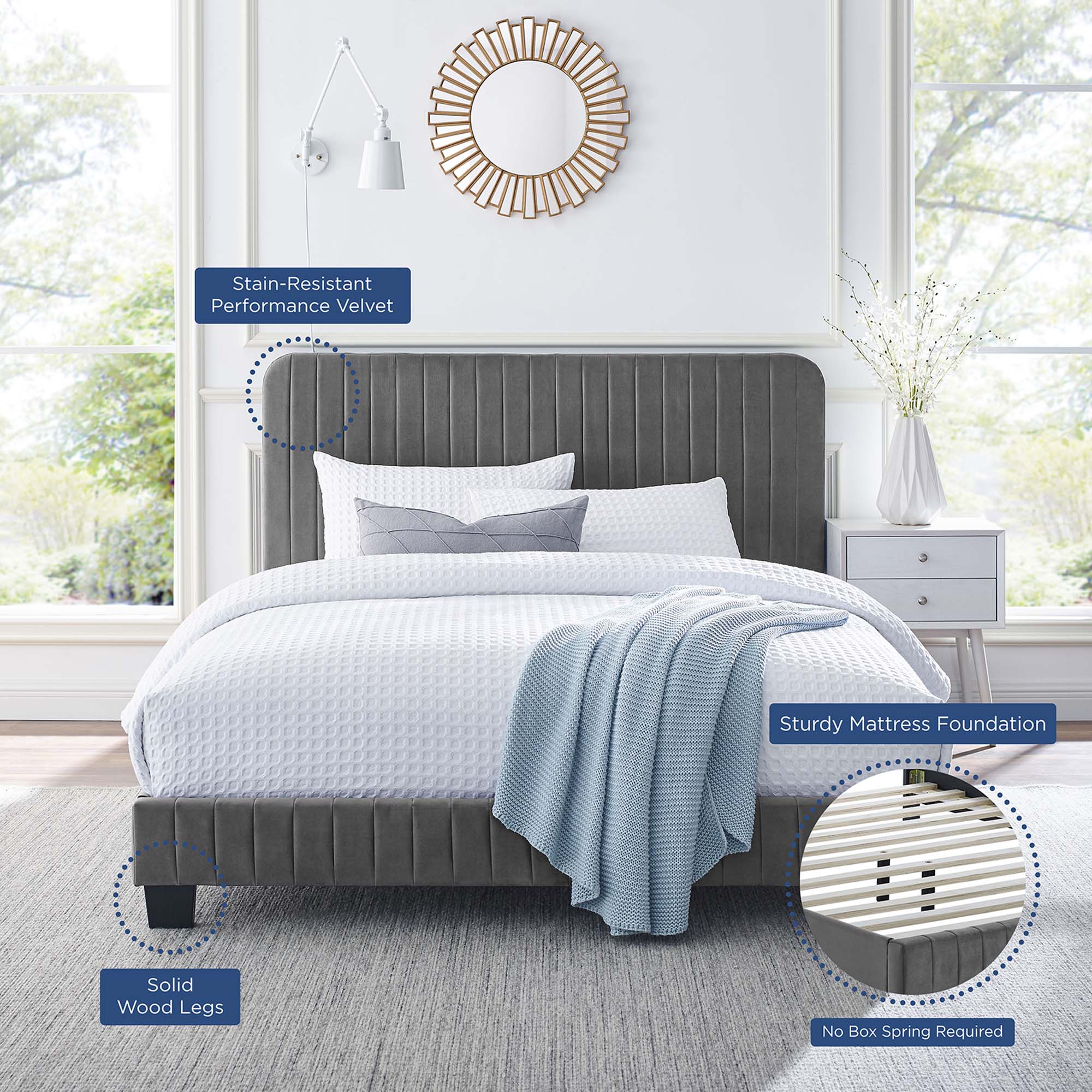 Wynter Grey Channel Tufted Performance Velvet Full Platform Bed  No Box Spring Needed