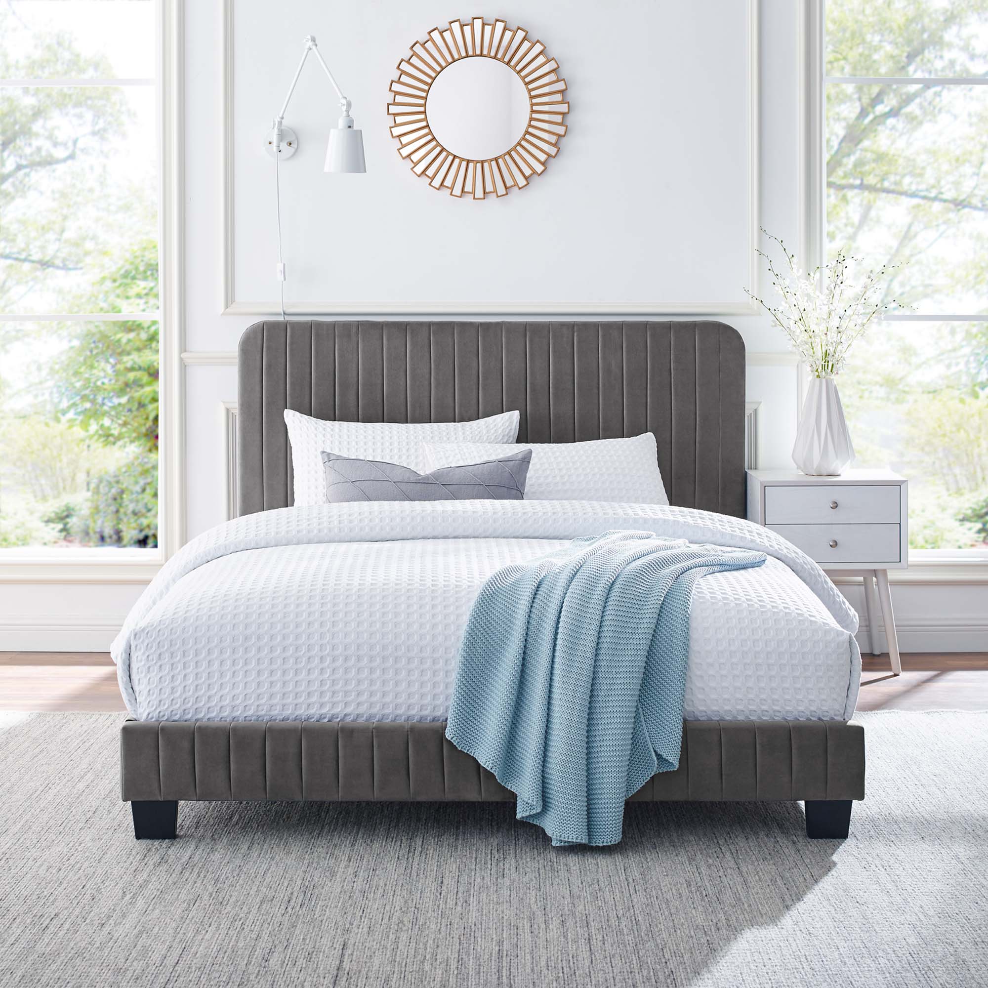 Celine Grey Channel Tufted Performance Velvet Full Platform Bed