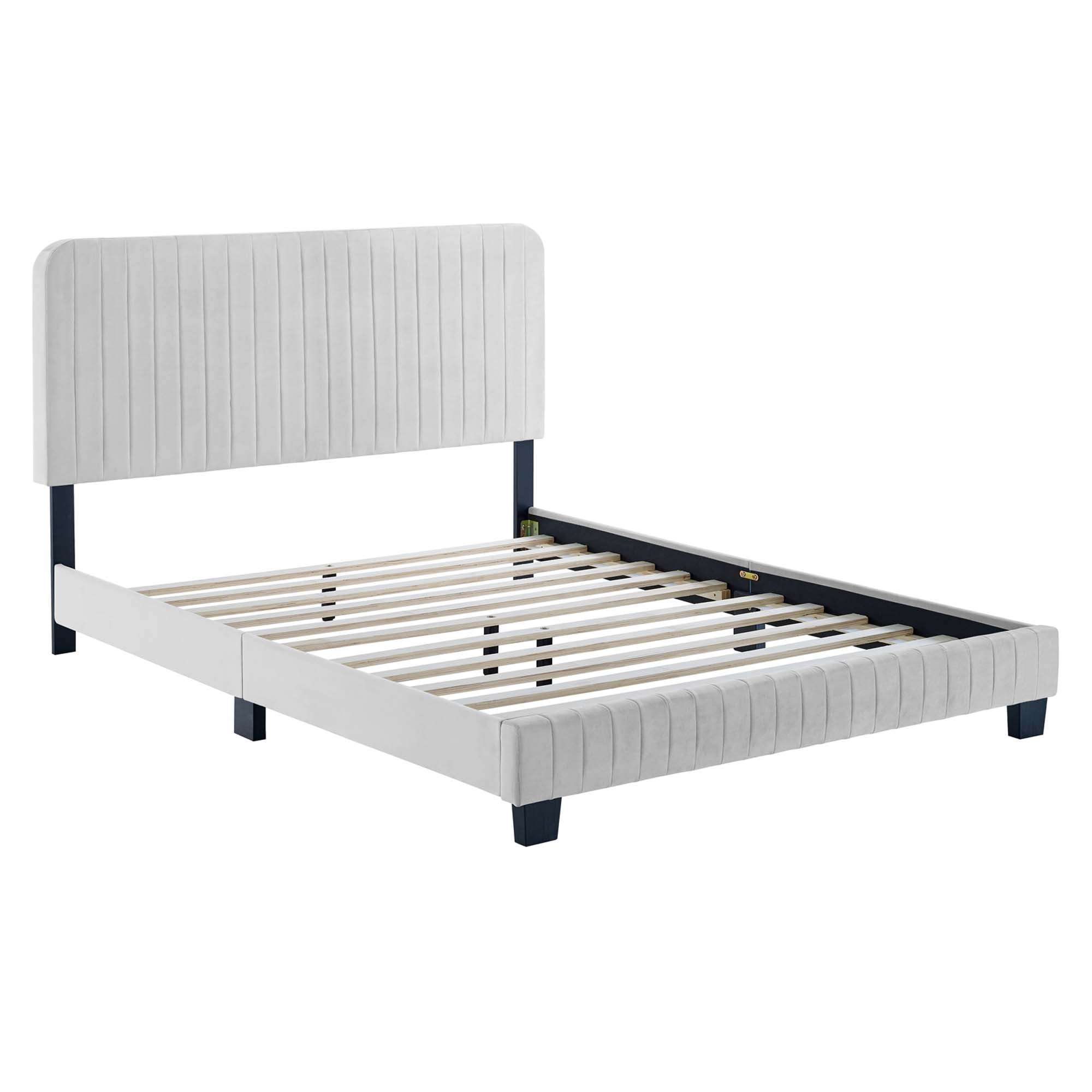 Celine Channel Tufted Performance Velvet Twin Platform Bed, Light Gray