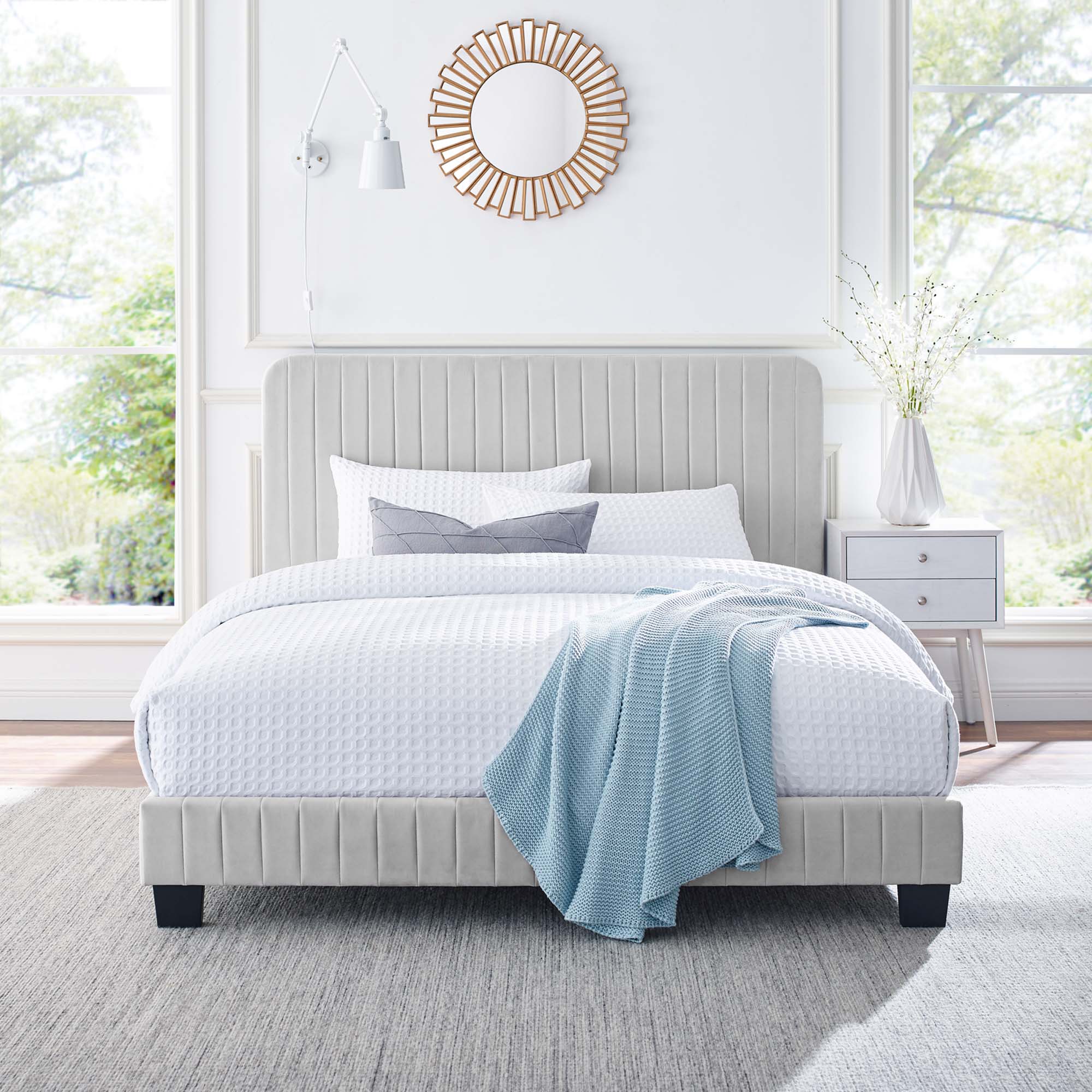 Celine Channel Tufted Performance Velvet Twin Platform Bed, Light Gray