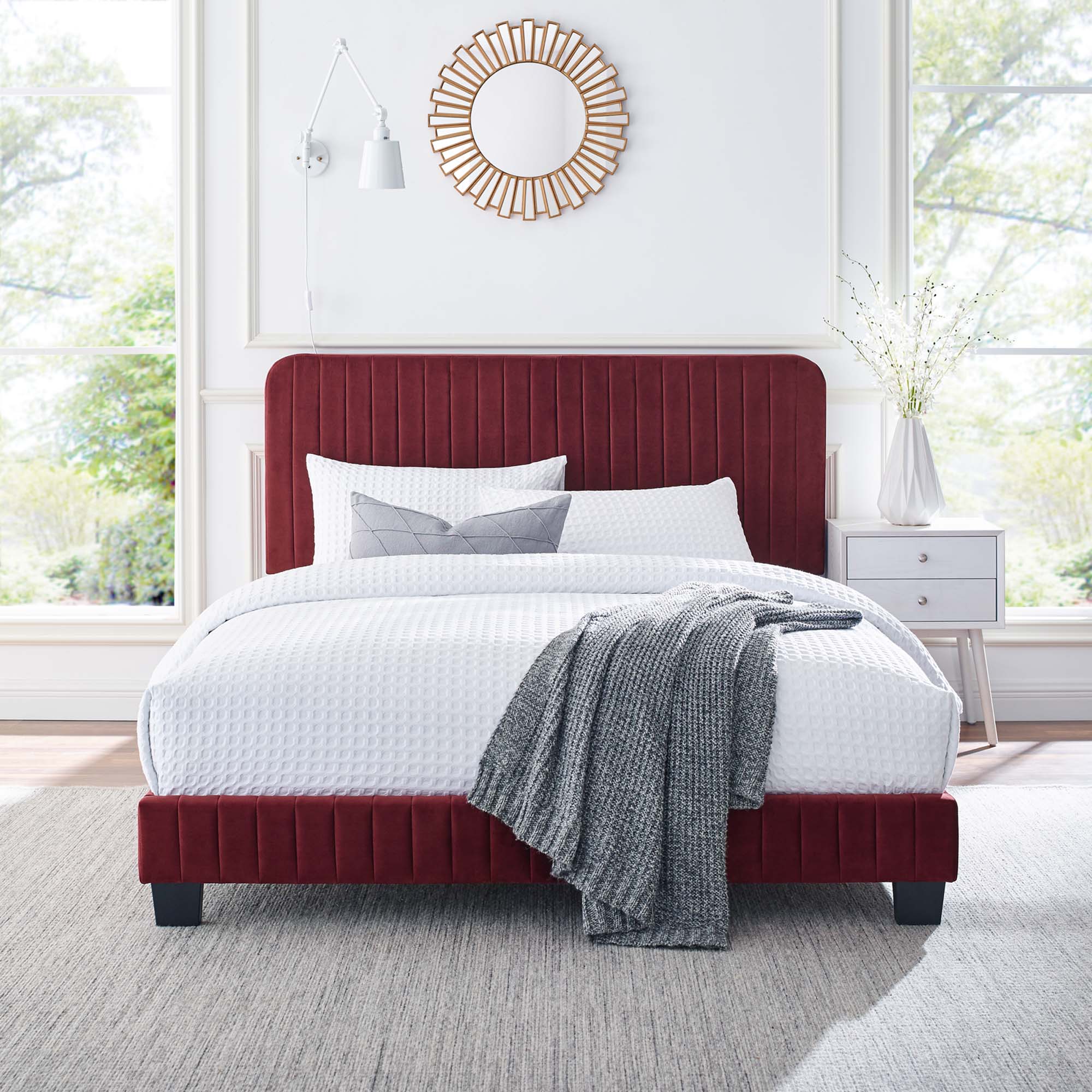 Celine Maroon Channel Tufted Performance Velvet Twin Platform Bed