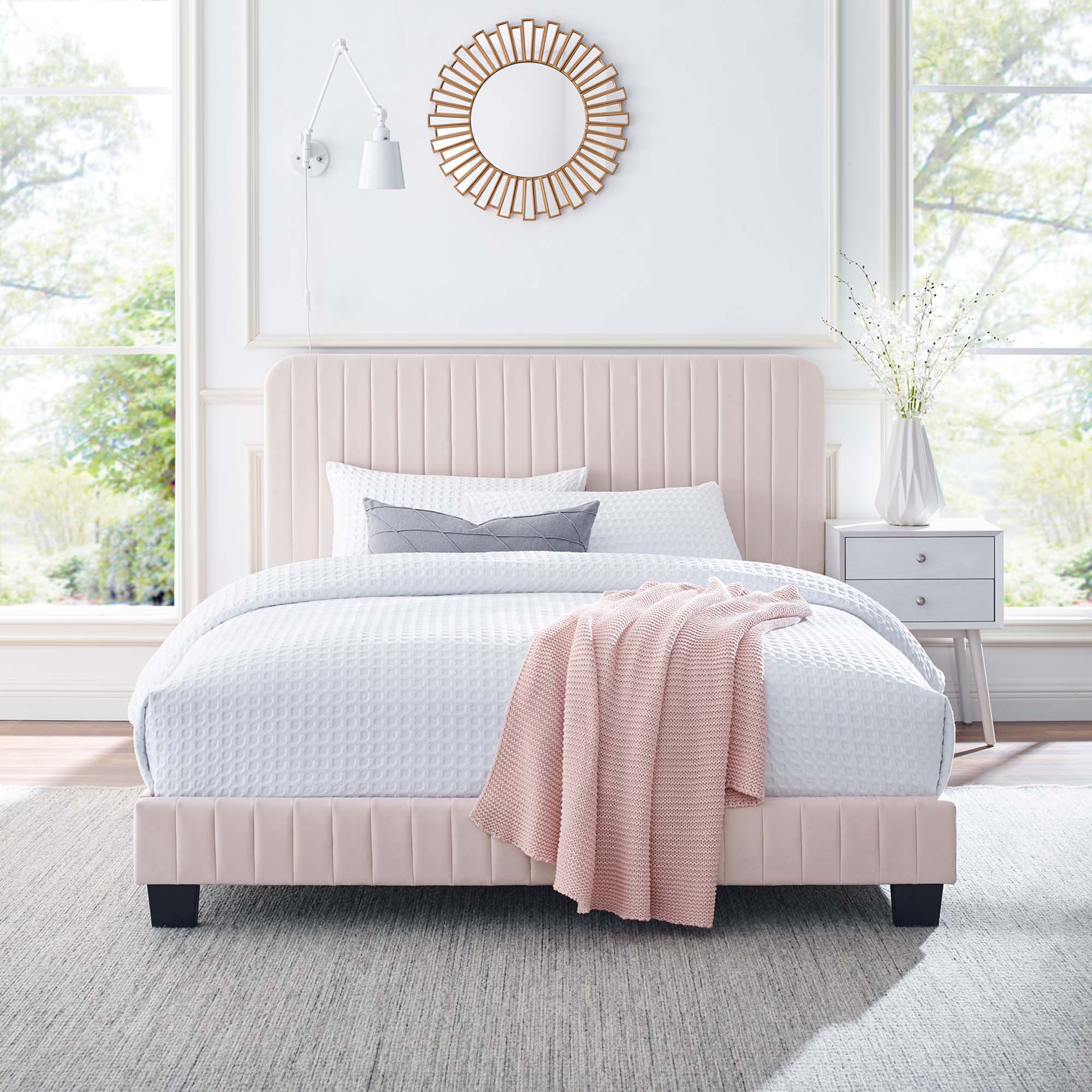 Celine Channel Tufted Performance Velvet Twin Platform Bed, Pink