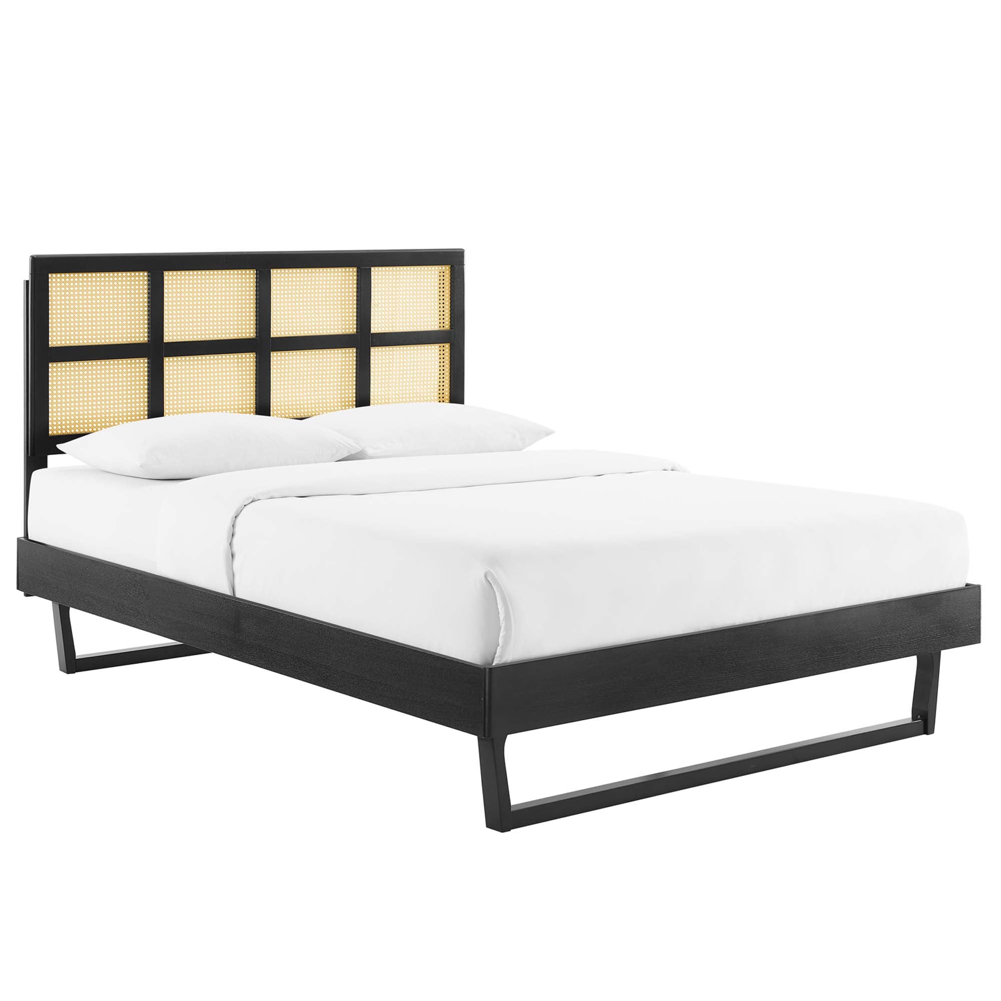 Sidney Walnut Cane and Wood Queen Platform Bed With Angular Legs