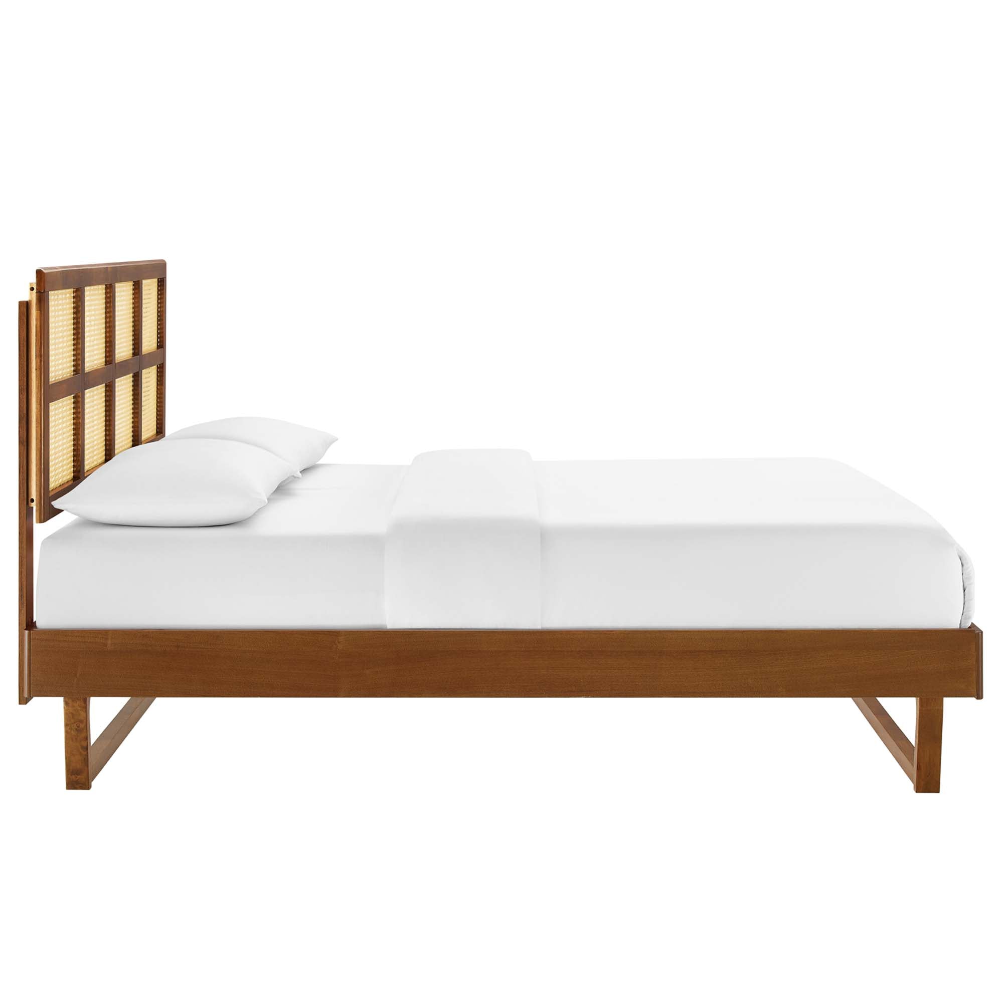 Sidney Walnut Cane and Wood Queen Platform Bed With Angular Legs