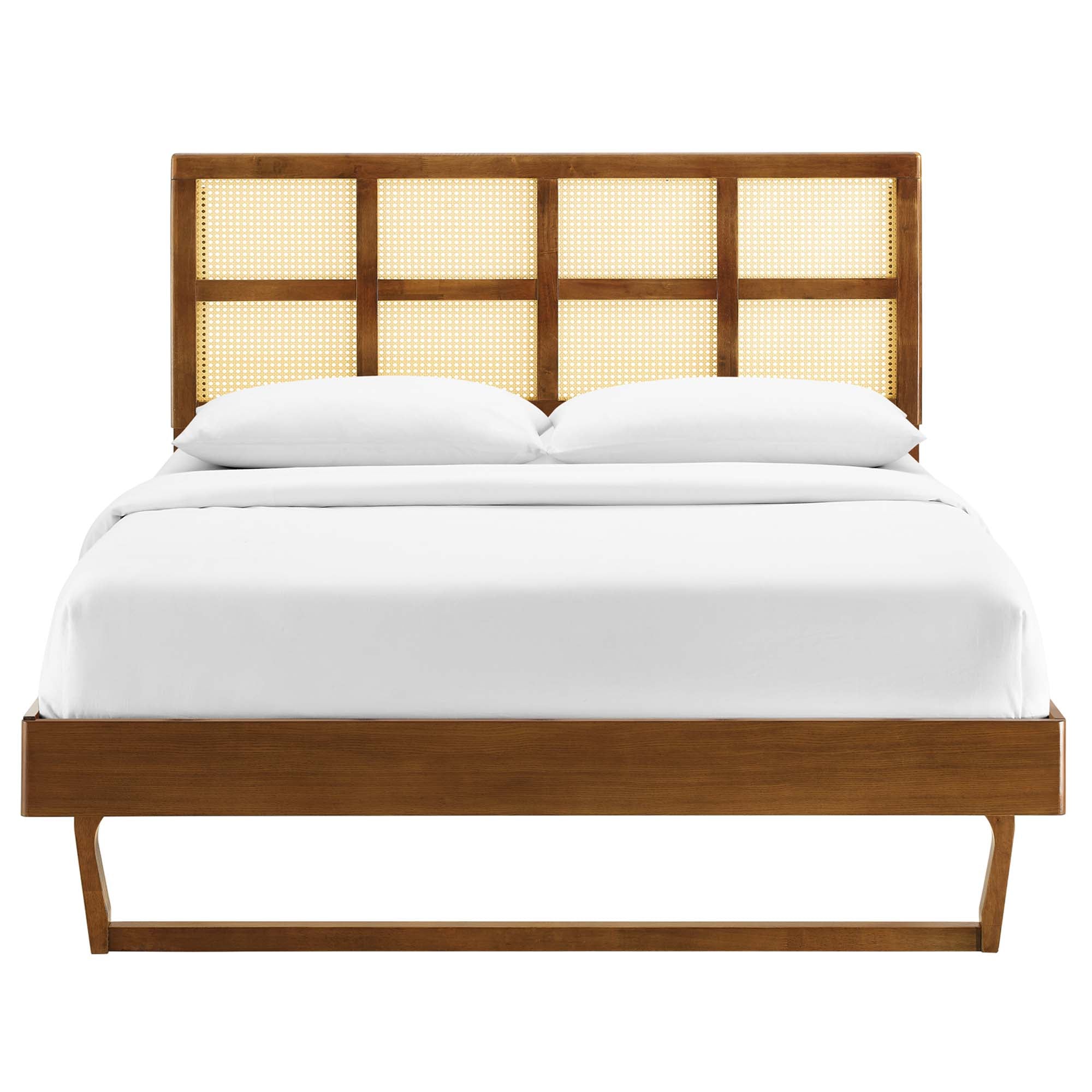 Sidney Walnut Cane and Wood Queen Platform Bed With Angular Legs