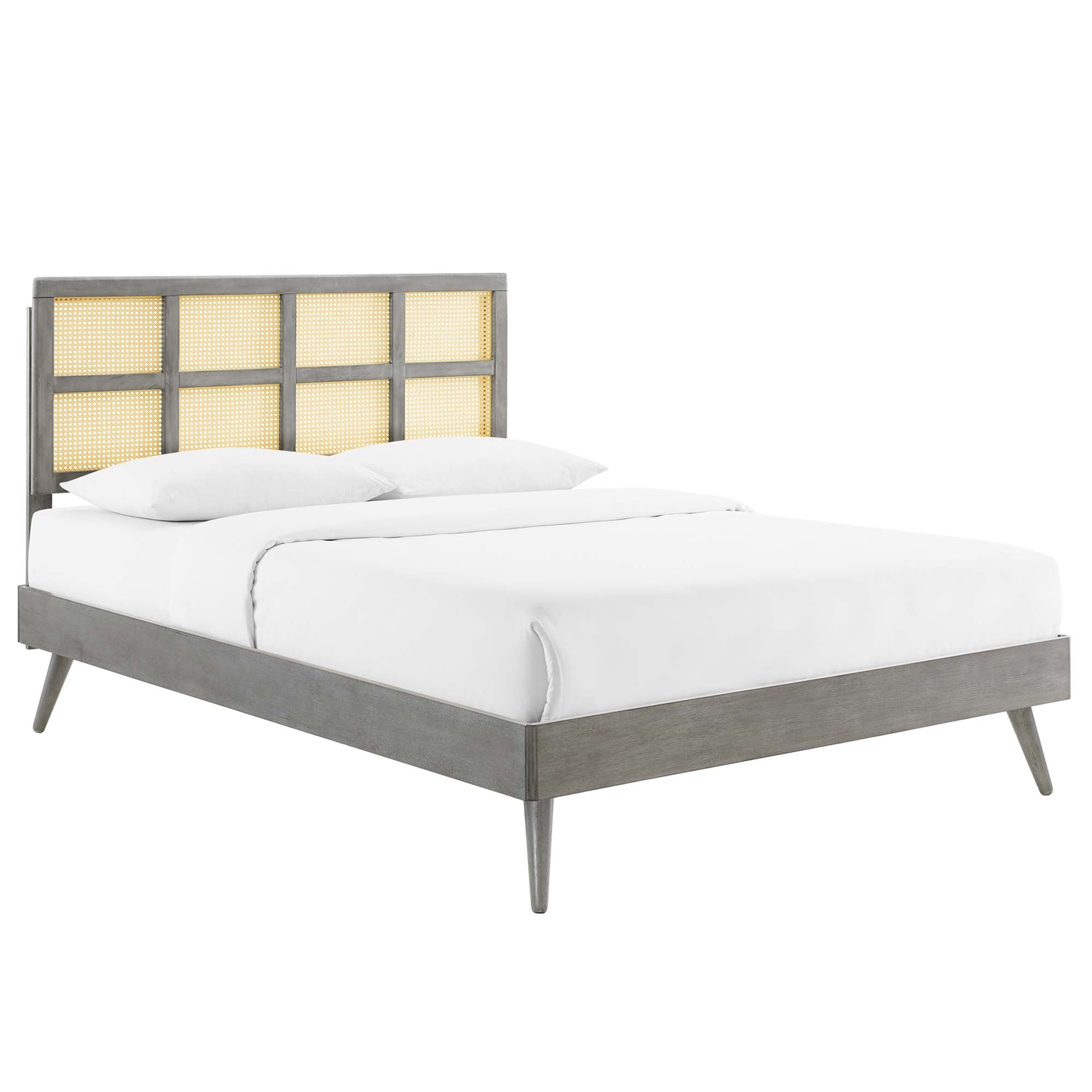 Sidney Walnut Cane and Wood Queen Platform Bed With Splayed Legs