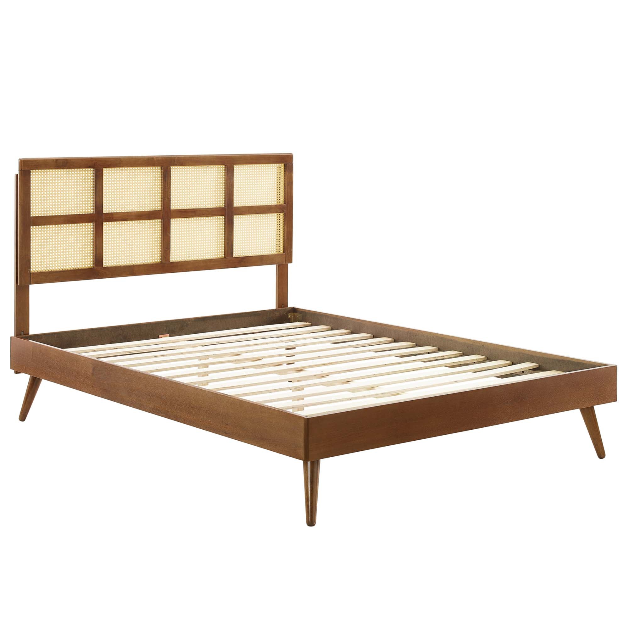 Sidney Walnut Cane and Wood Queen Platform Bed With Splayed Legs