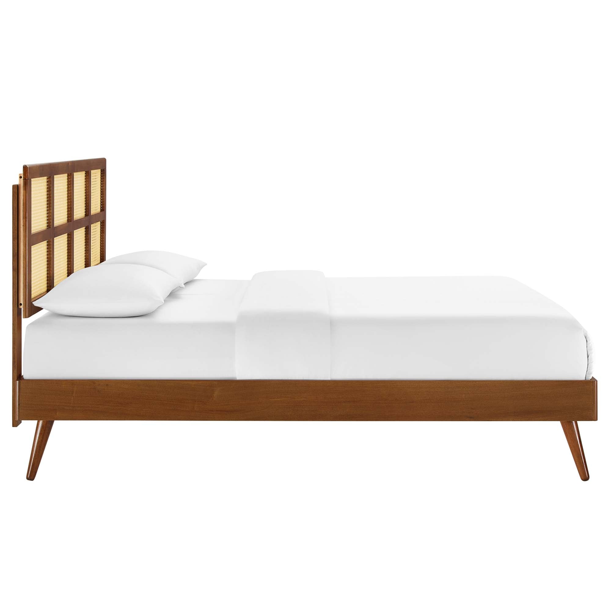 Sidney Walnut Cane and Wood Queen Platform Bed With Splayed Legs