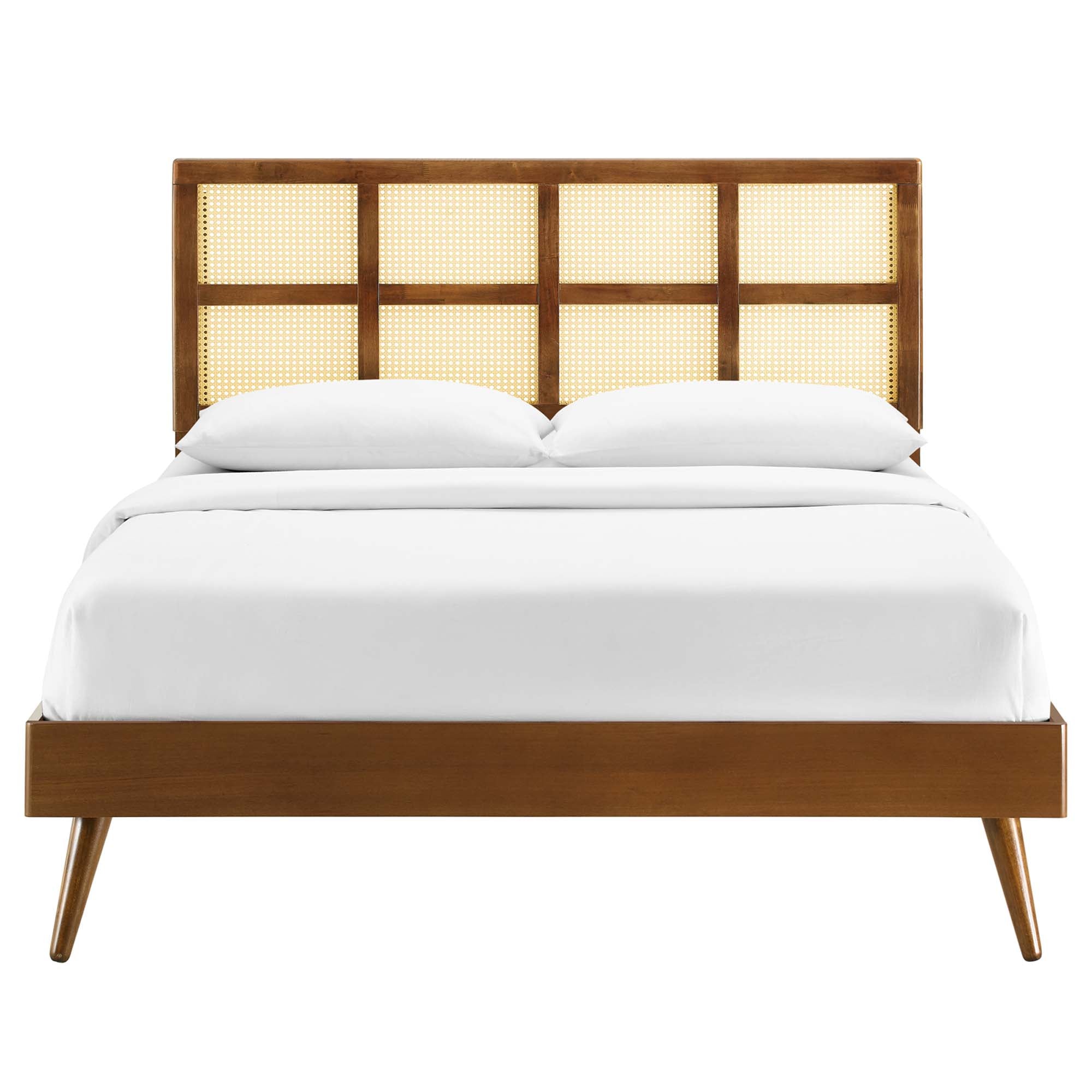 Sidney Walnut Cane and Wood Queen Platform Bed With Splayed Legs