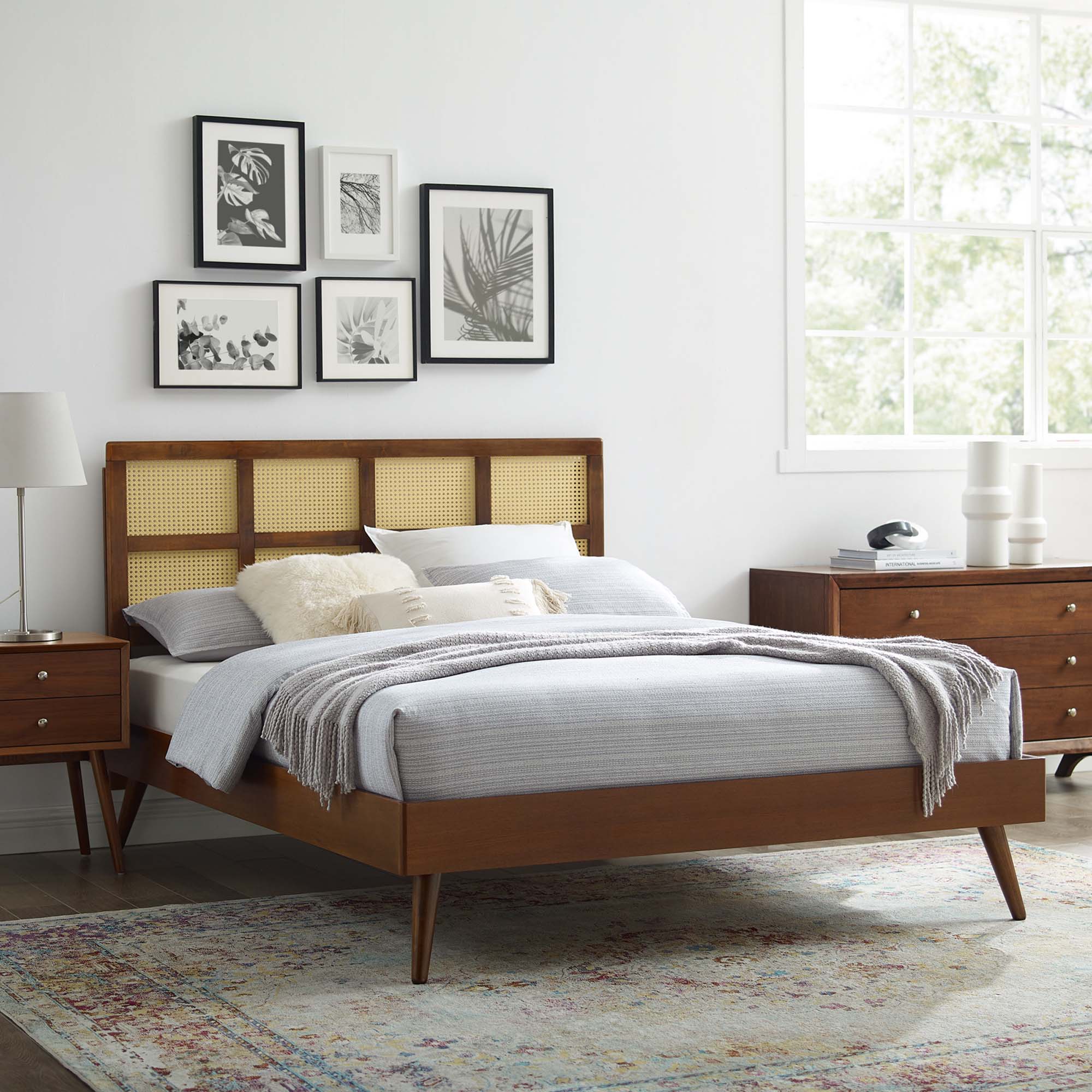 Selric Queen Walnut Platform Bed Frame – Tropical Cane Design with Rubberwood Legs