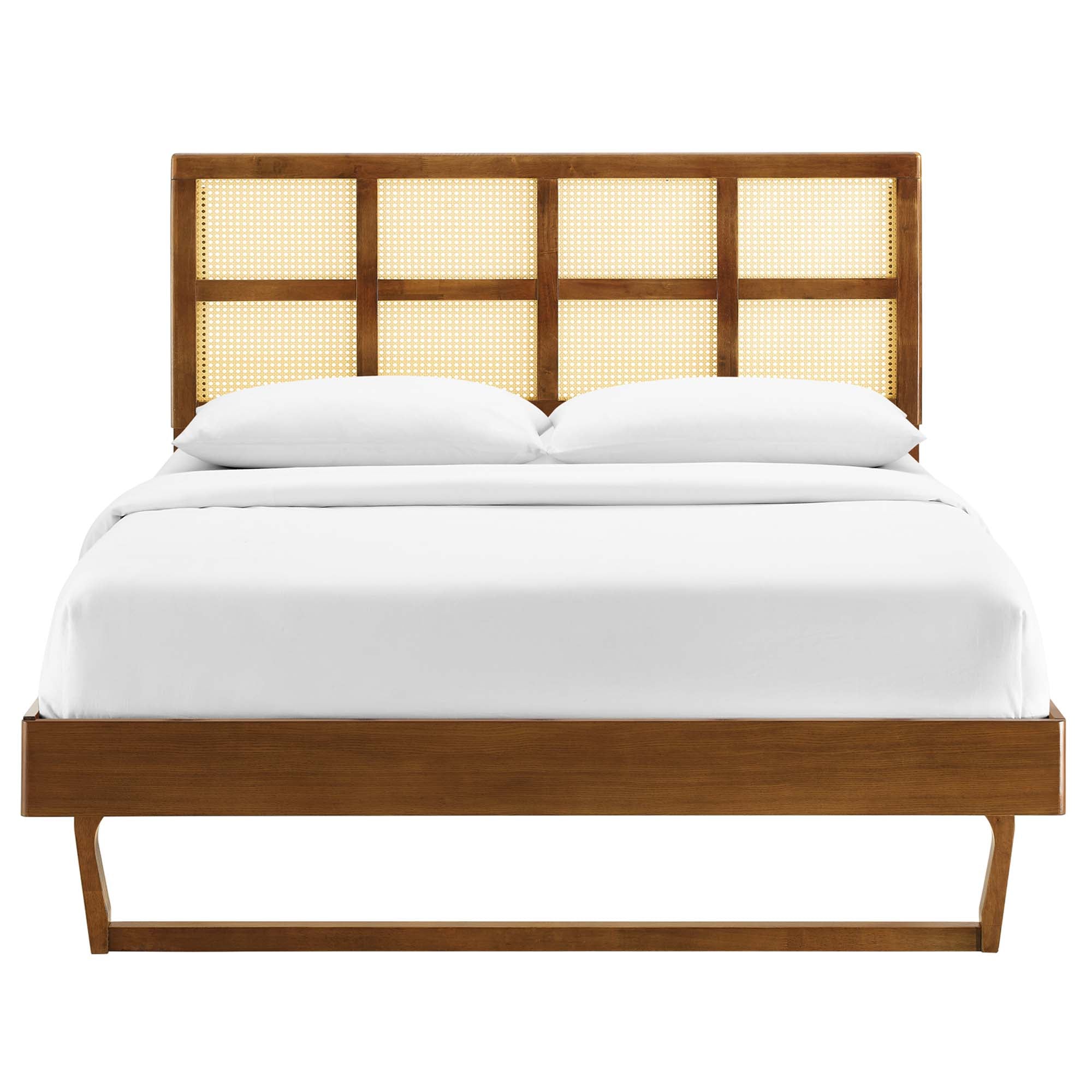 Full Walnut Quimby Cane Platform Bed – Retro Modern Design with Angular Support Legs