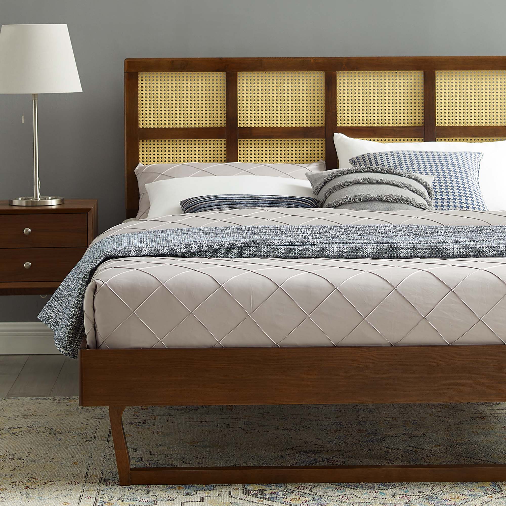 Sidney Walnut Cane and Wood Full Platform Bed With Angular Legs