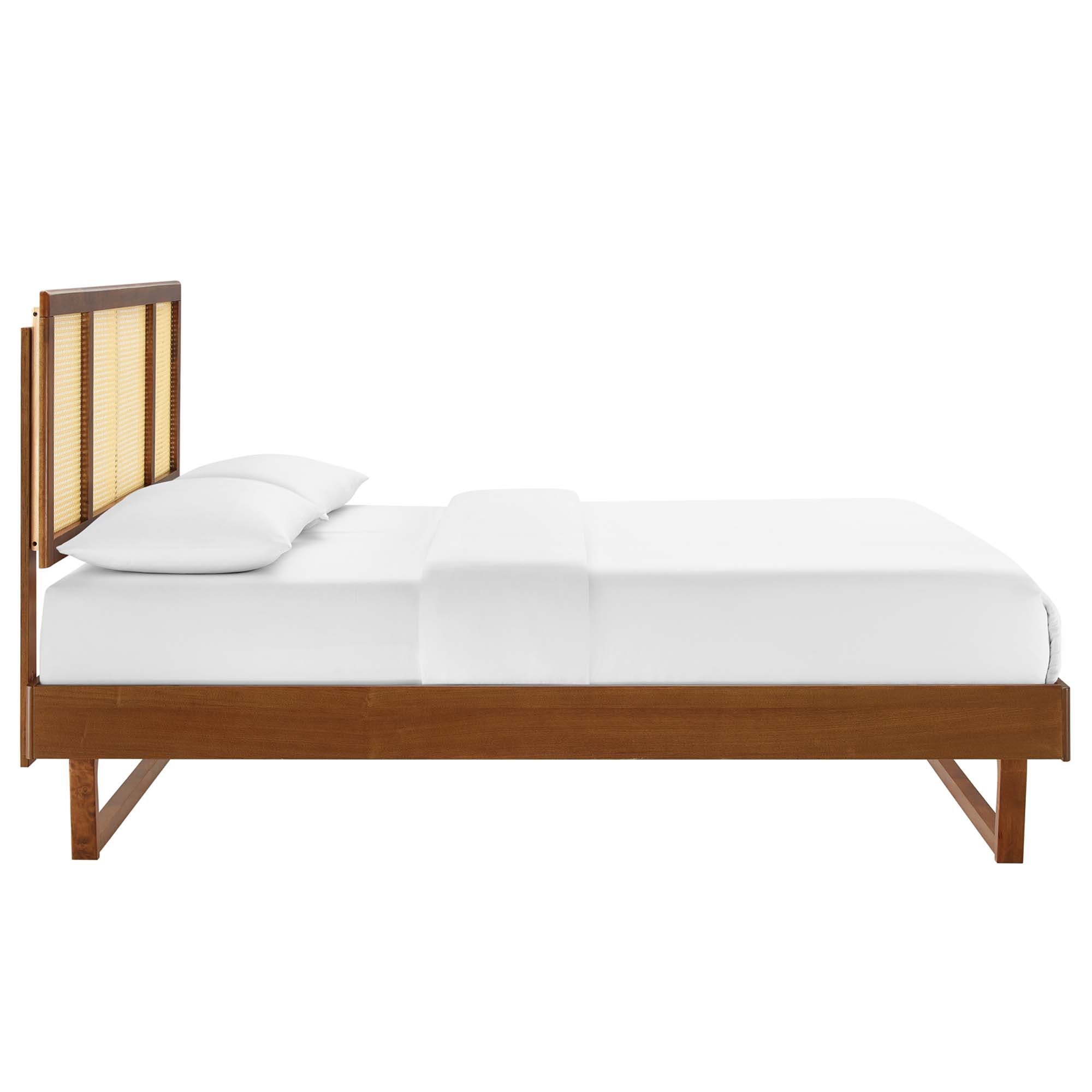 Kelsea Walnut Cane and Wood Full Platform Bed With Angular Legs