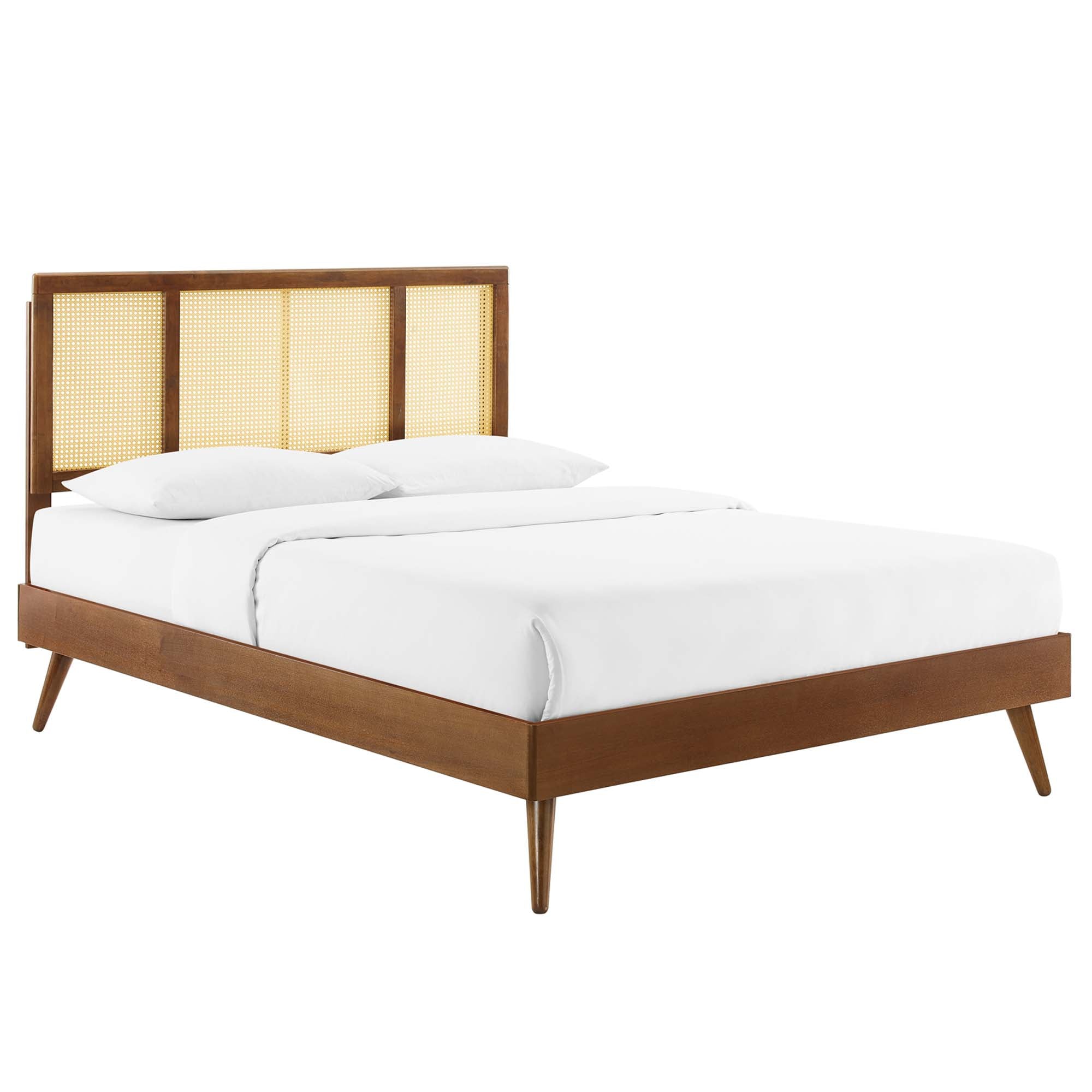 Kelsea Walnut Cane and Wood Queen Platform Bed With Splayed Legs