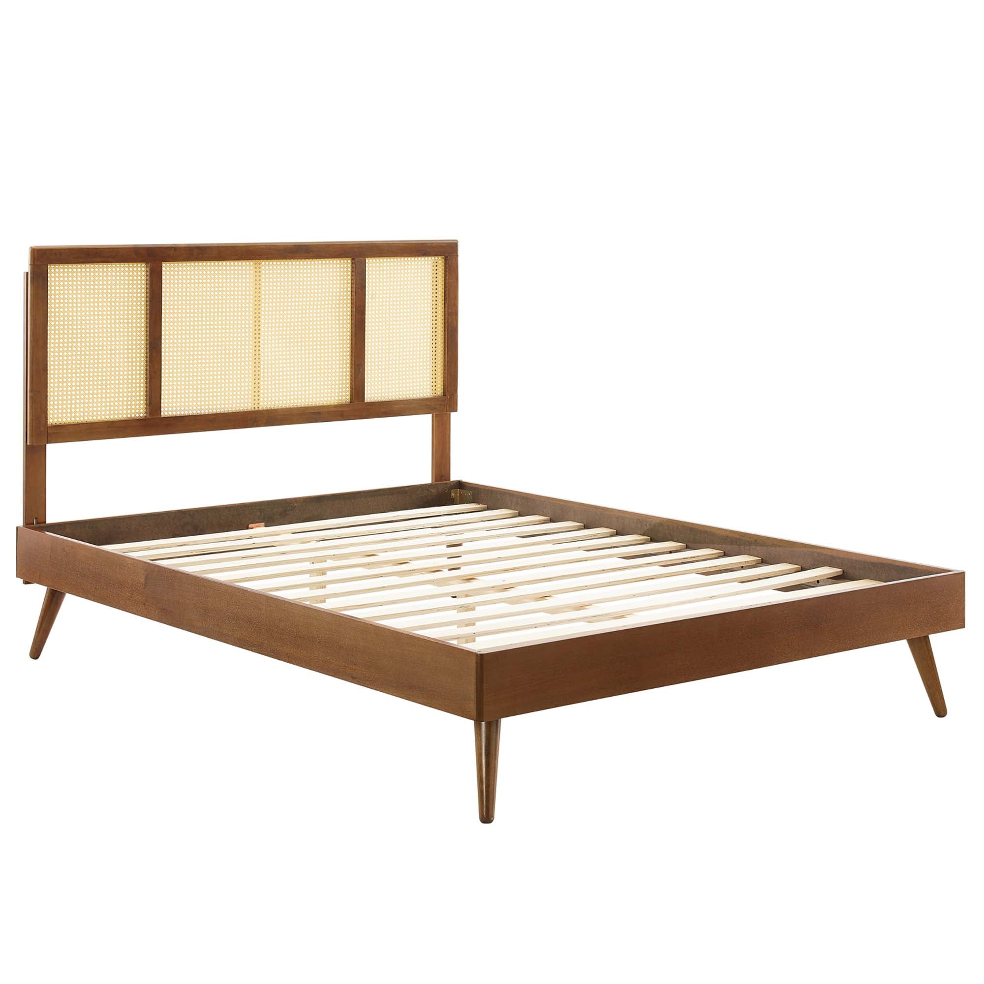 Kelsea Walnut Cane and Wood Queen Platform Bed With Splayed Legs