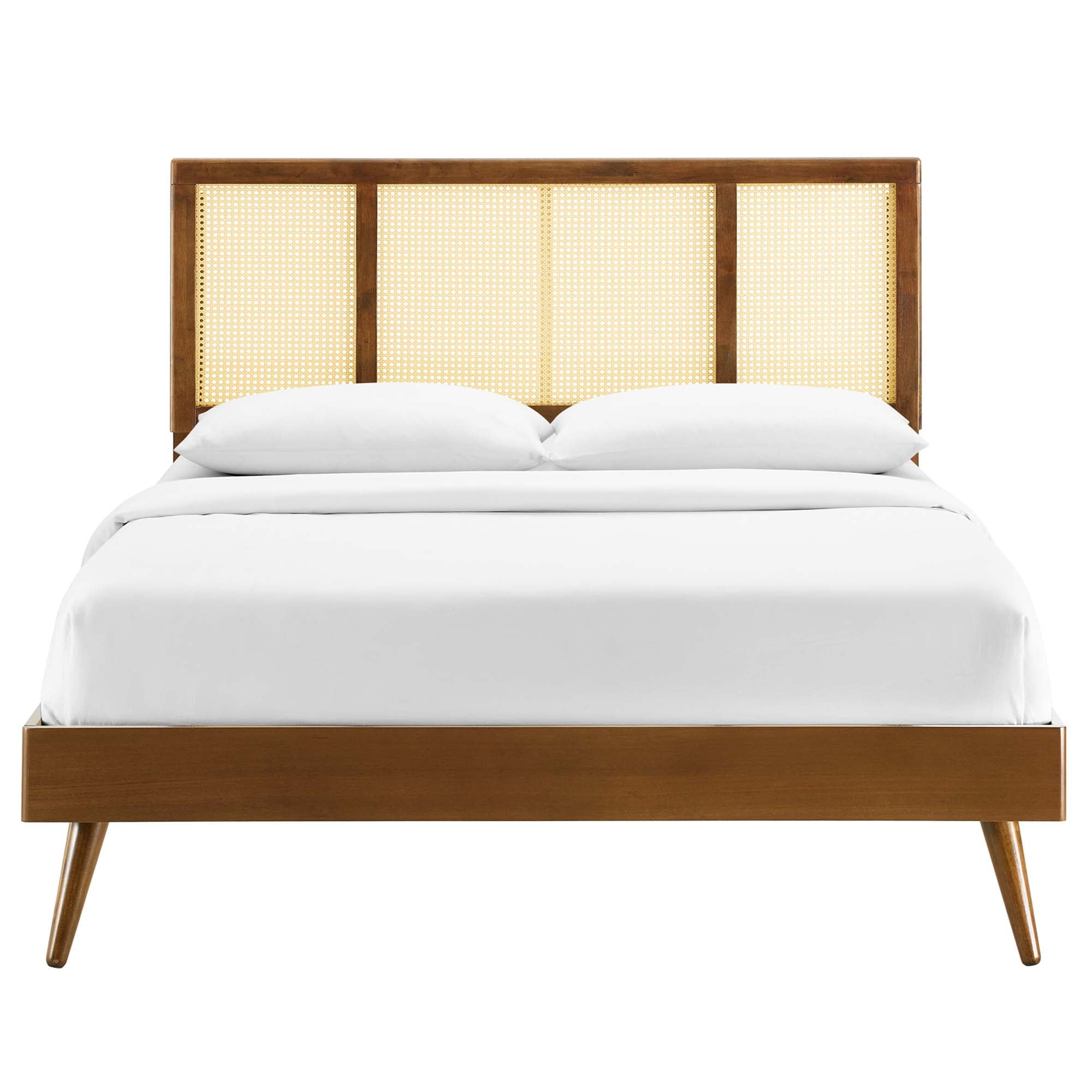 Kelsea Walnut Cane and Wood Queen Platform Bed With Splayed Legs