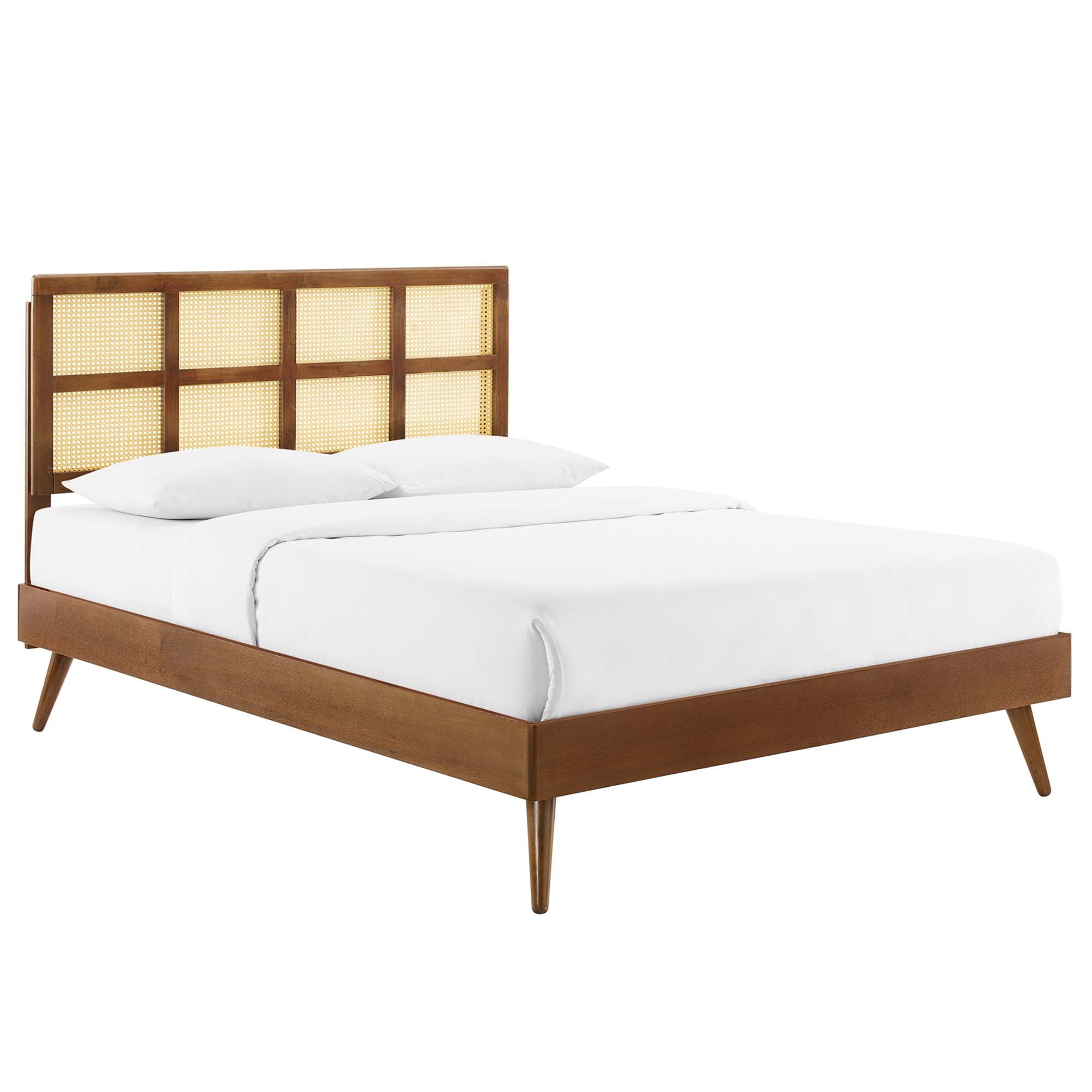 Sidney Walnut Cane and Wood Full Platform Bed With Splayed Legs