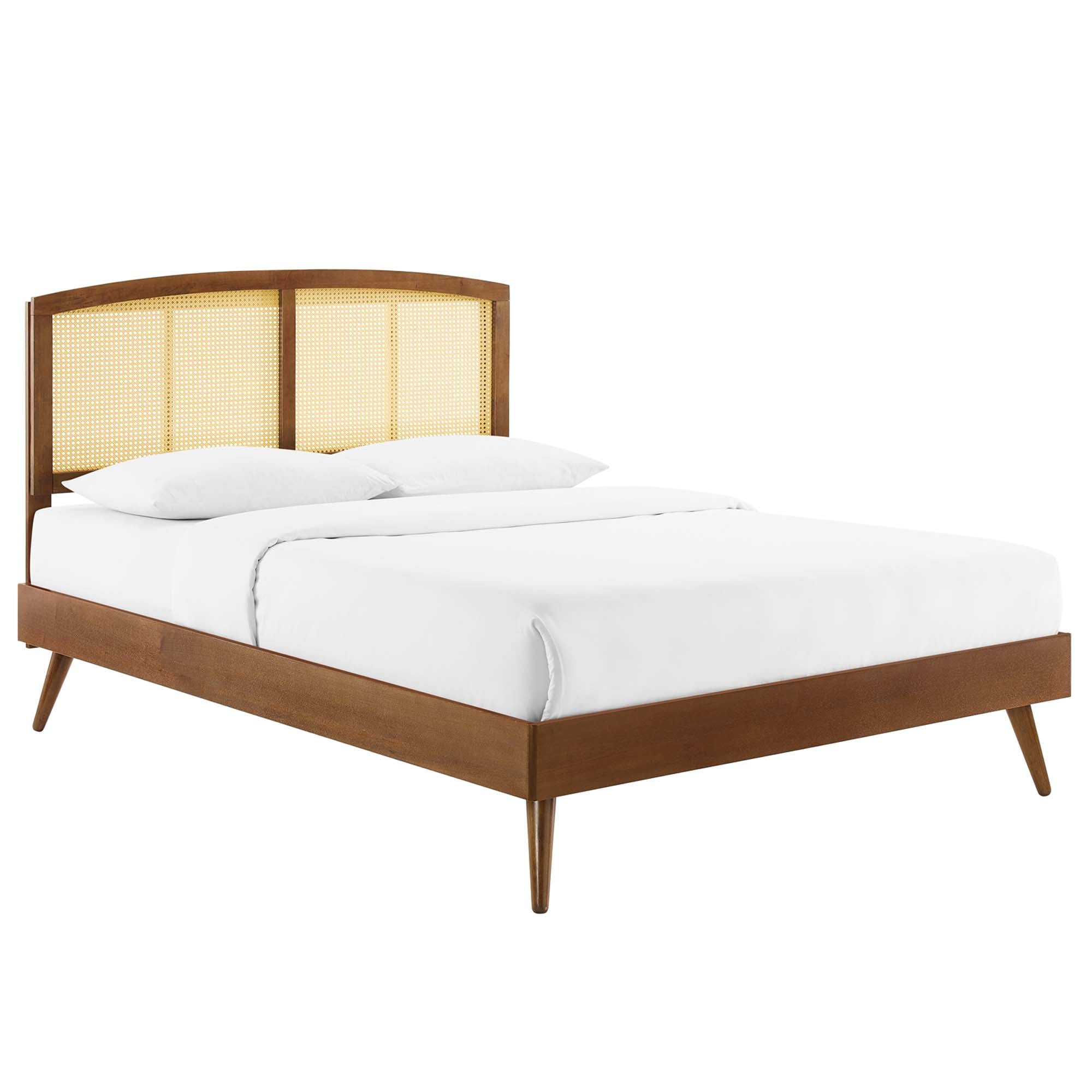 Sierra Walnut Cane and Wood Queen Platform Bed With Splayed Legs