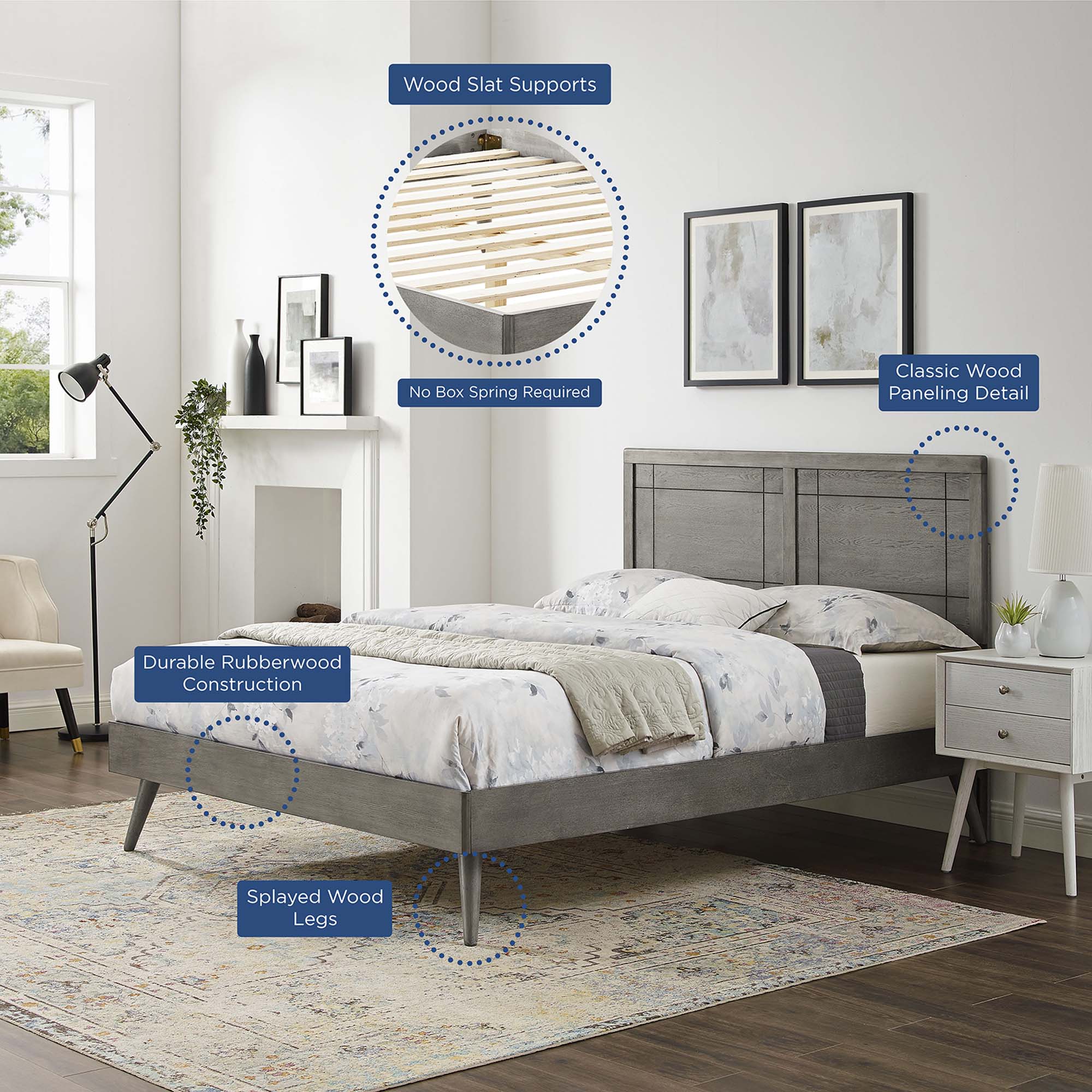 Privy Grey Queen Wood Platform Bed  Mid-Century Modern with Splayed Legs