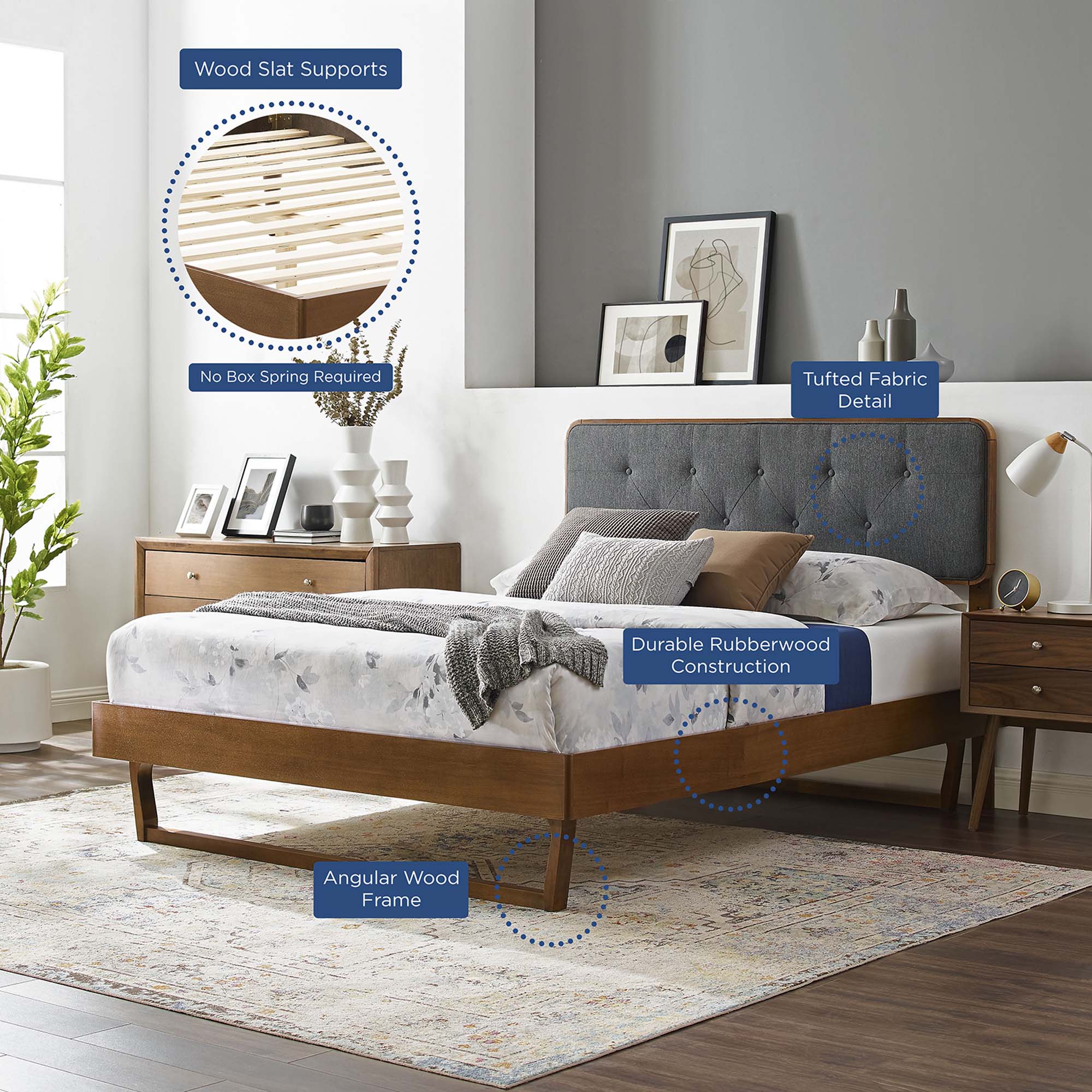 Cindrel Queen Rubberwood Platform Bed – Angular Frame with Button Tufted Design