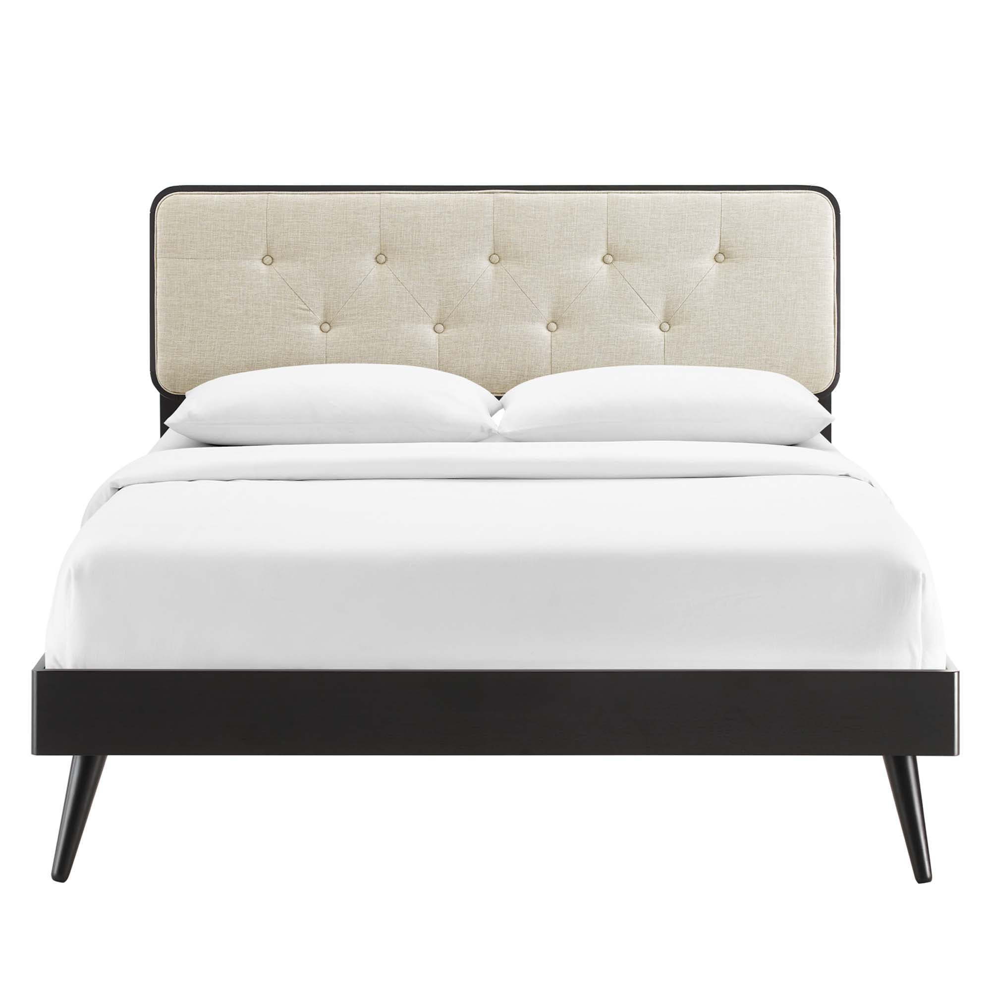 Bridgette Wood Queen Platform Bed With Splayed Legs, Black Beige