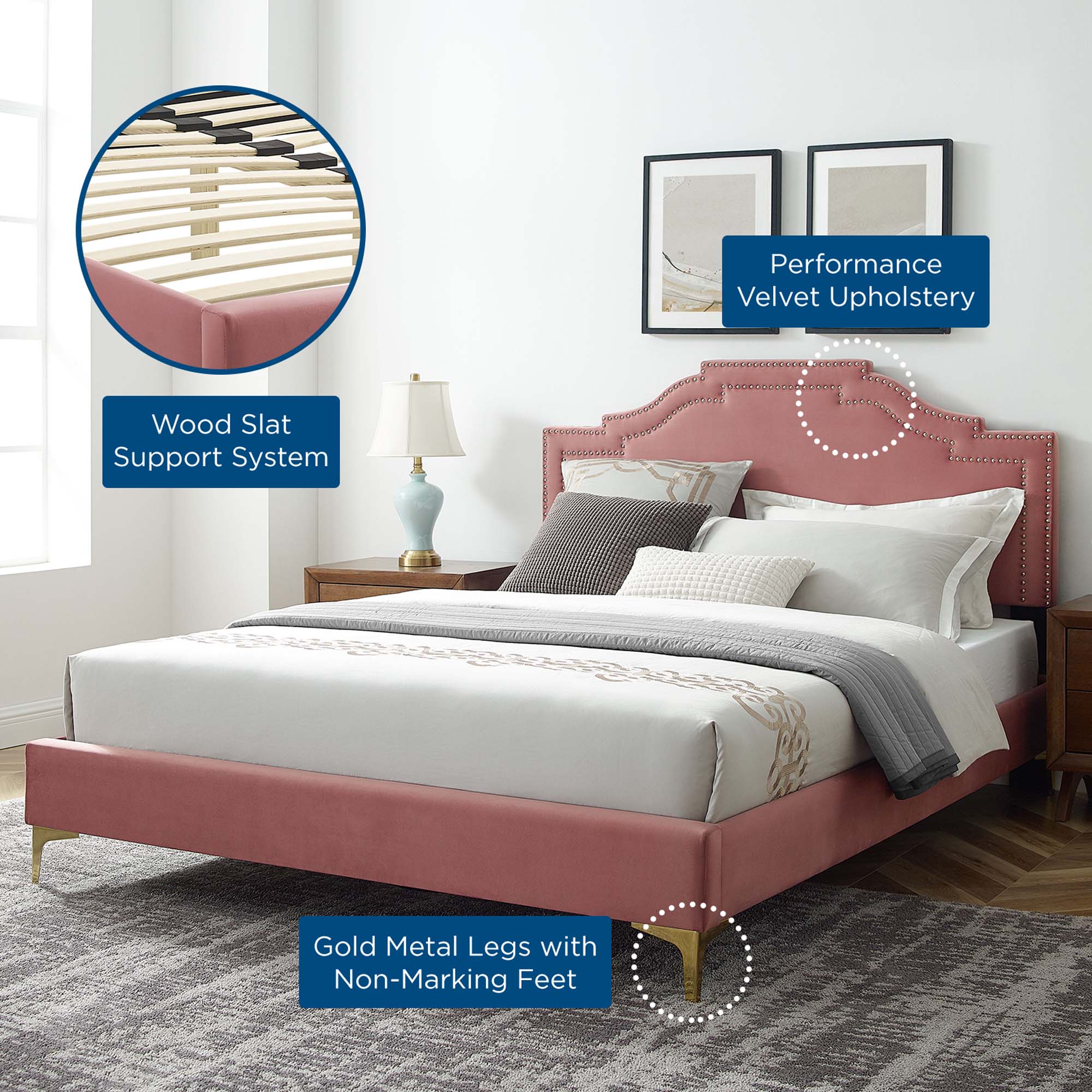 Adelaide Dusty Rose Performance Velvet Queen Platform Bed