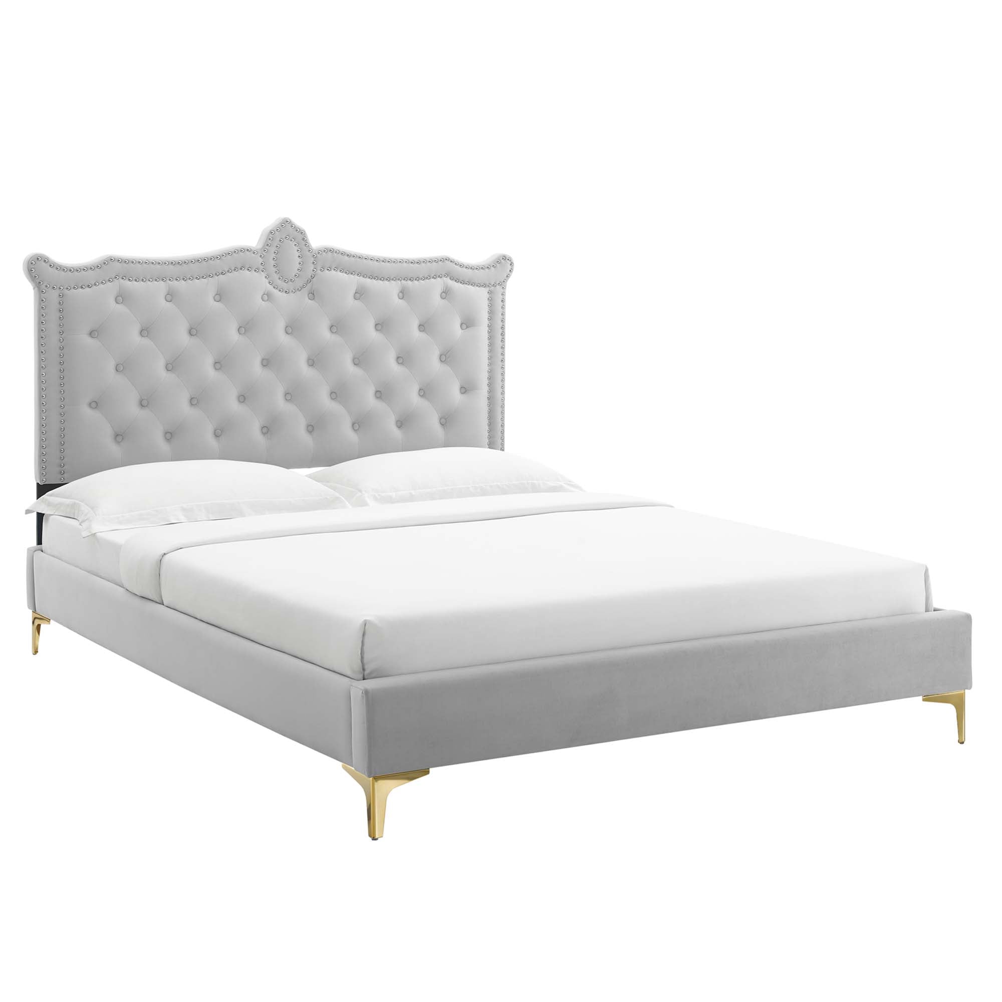 Clara White Performance Velvet Queen Platform Bed