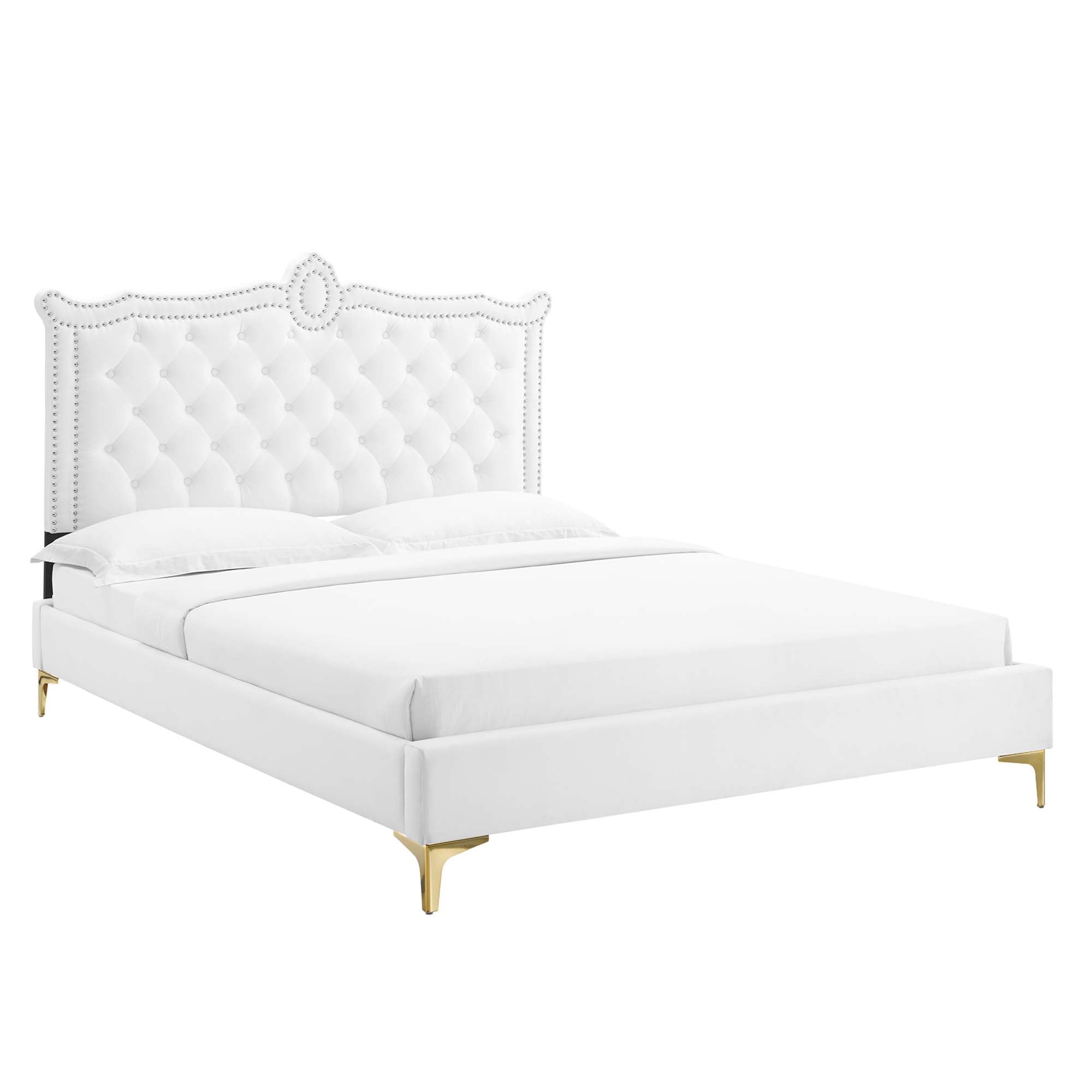 Clara White Performance Velvet Queen Platform Bed