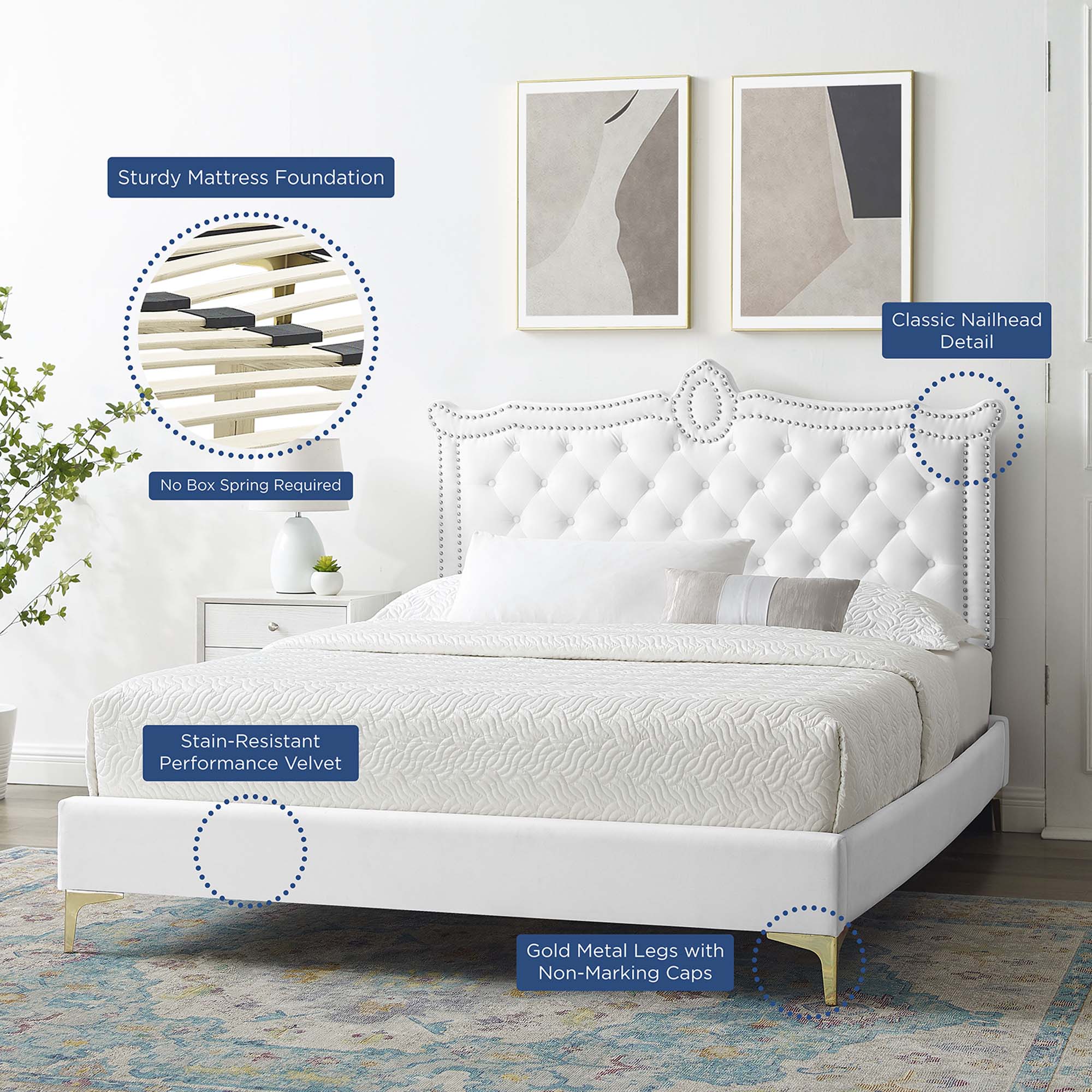 Clara White Performance Velvet Queen Platform Bed