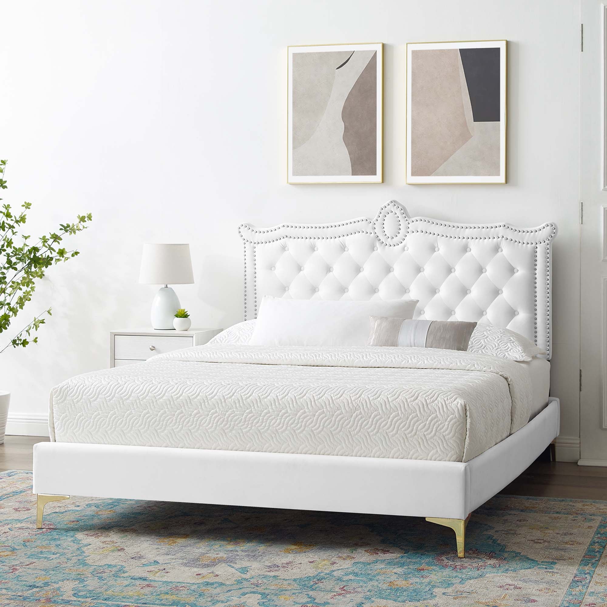 Clara White Performance Velvet Queen Platform Bed