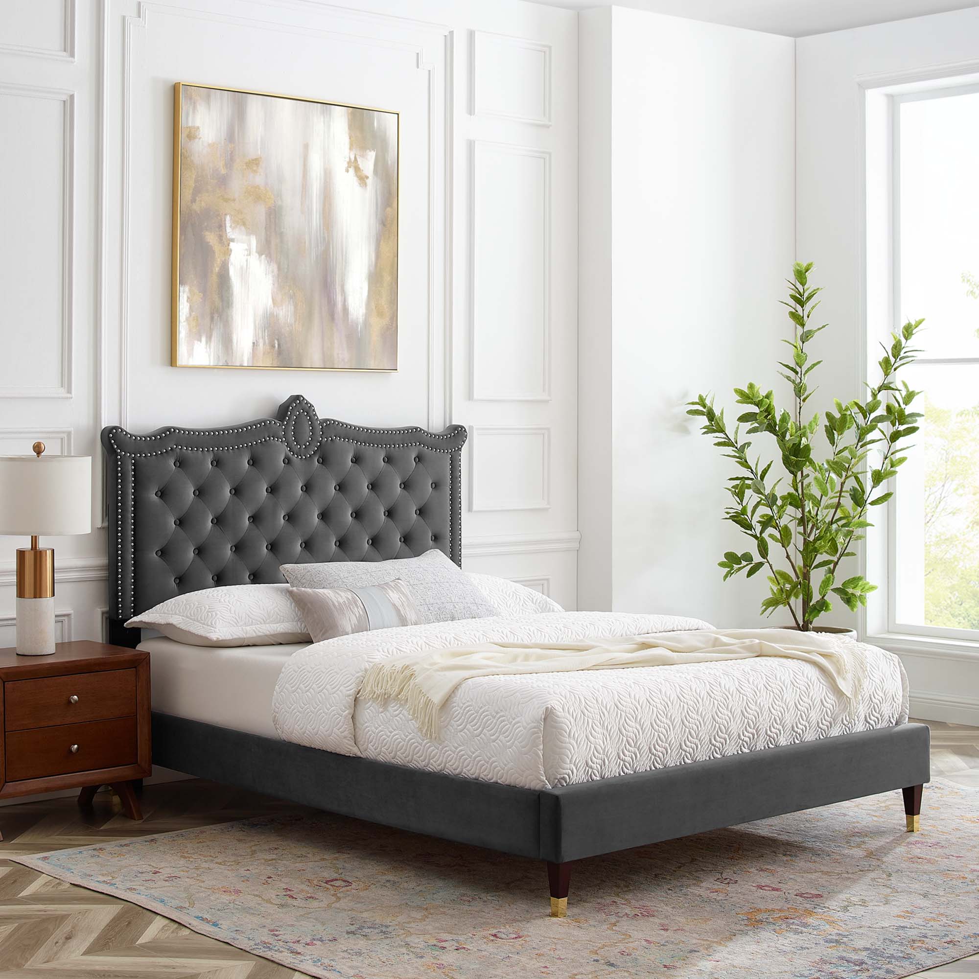 Clara Charcaol Performance Velvet Queen Platform Bed