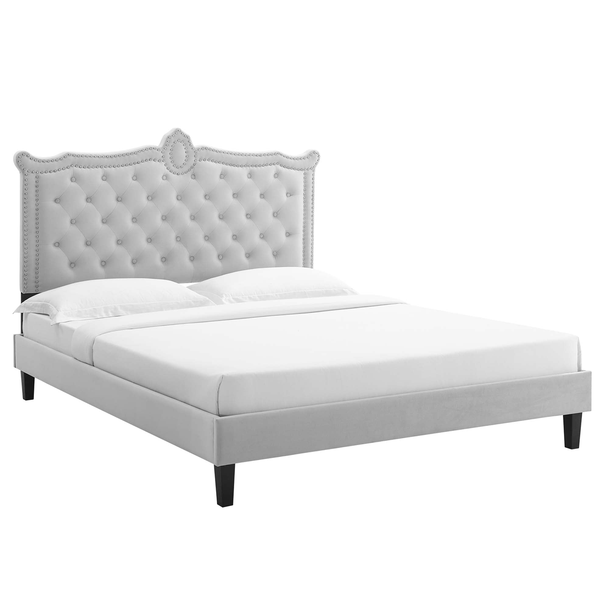 Clara White Performance Velvet Queen Platform Bed