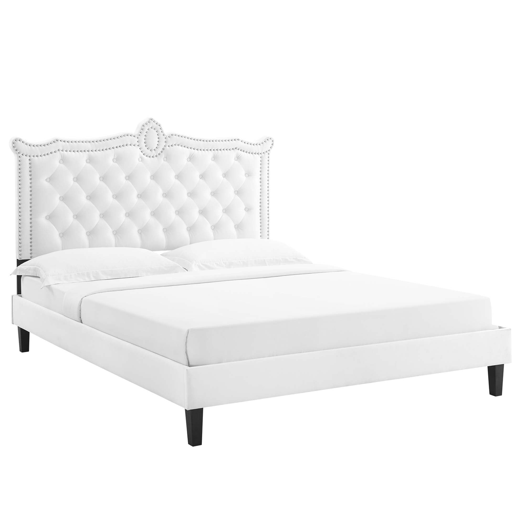 Clara White Performance Velvet Queen Platform Bed