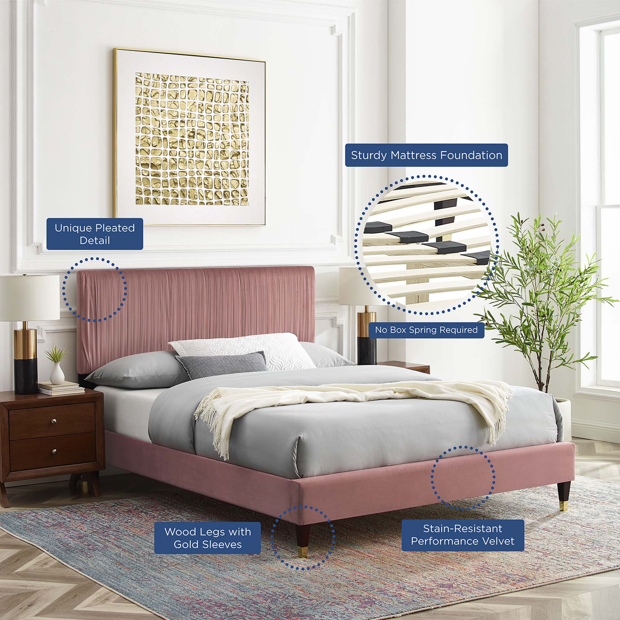 Peyton Dusty Rose Performance Velvet Queen Platform Bed