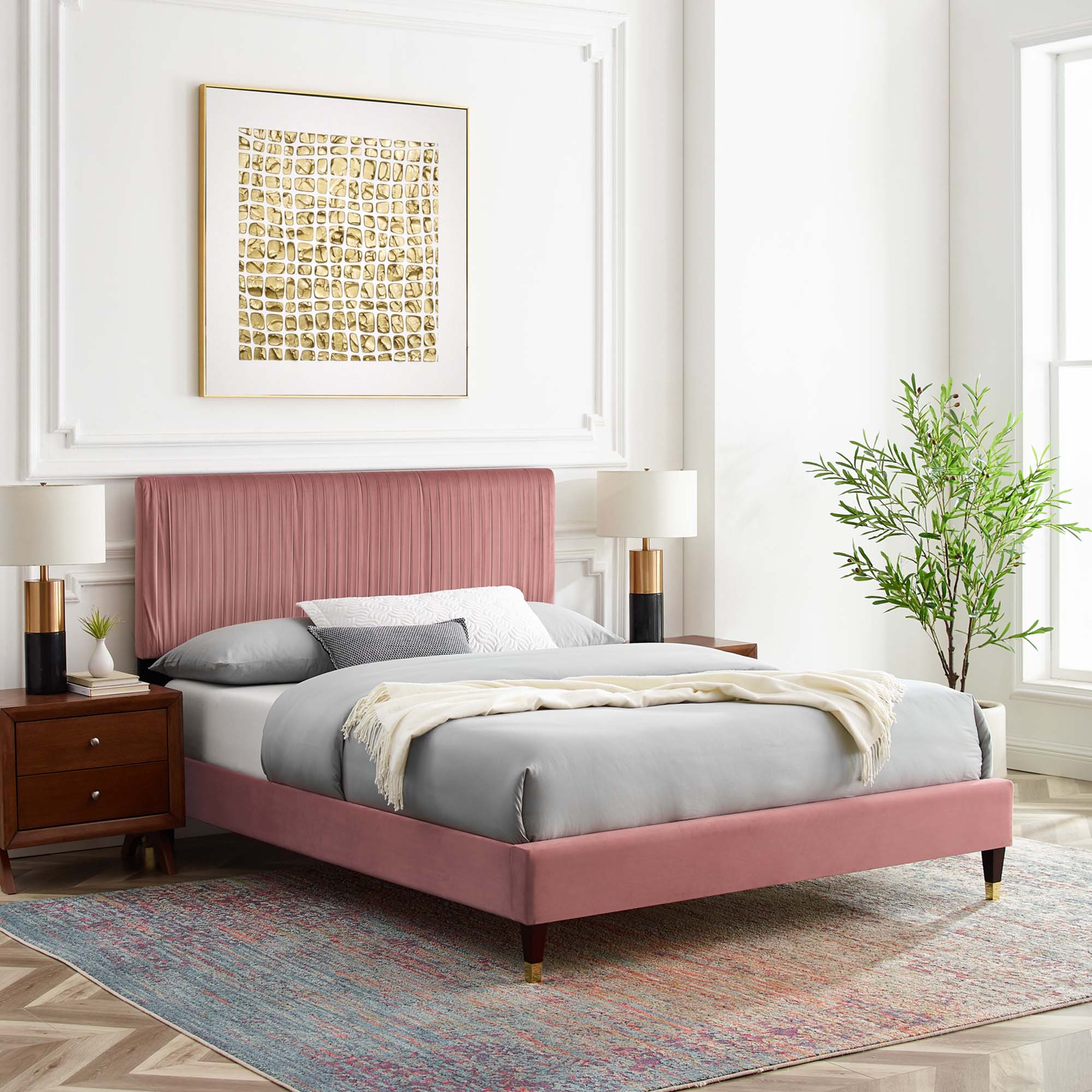 Peyton Dusty Rose Performance Velvet Queen Platform Bed