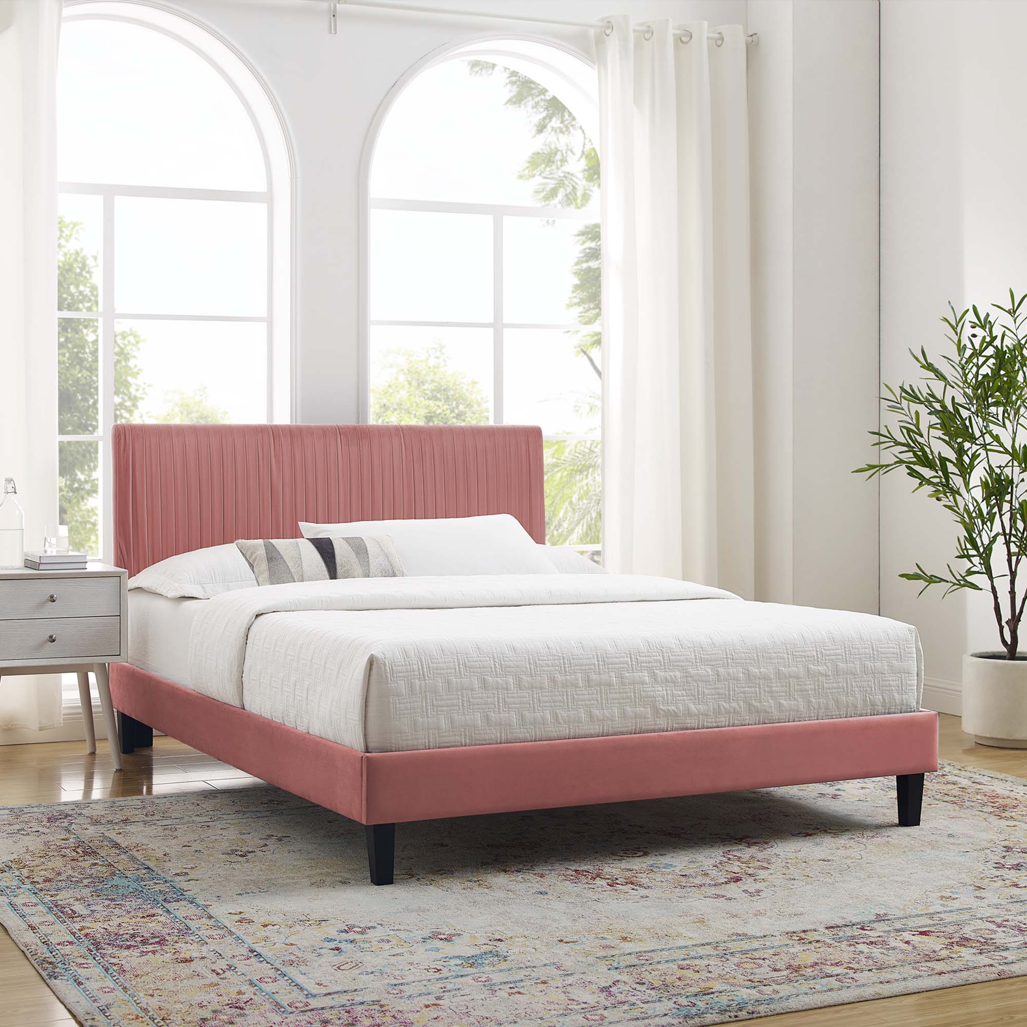 Peyton Dusty Rose Performance Velvet Queen Platform Bed