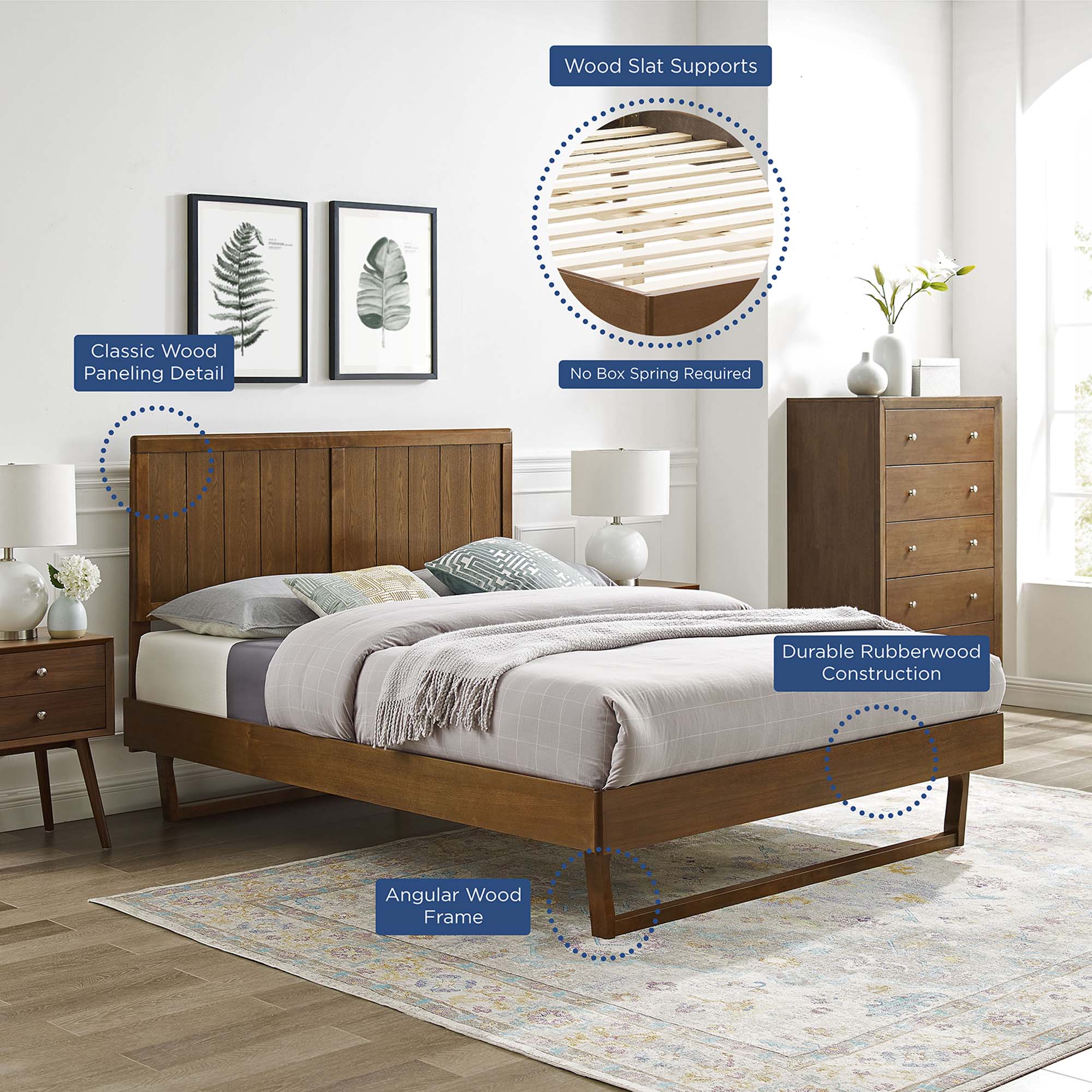Vasco Alana Collection Full Walnut Wooden Bed  Modern Platform Design with Splayed Legs
