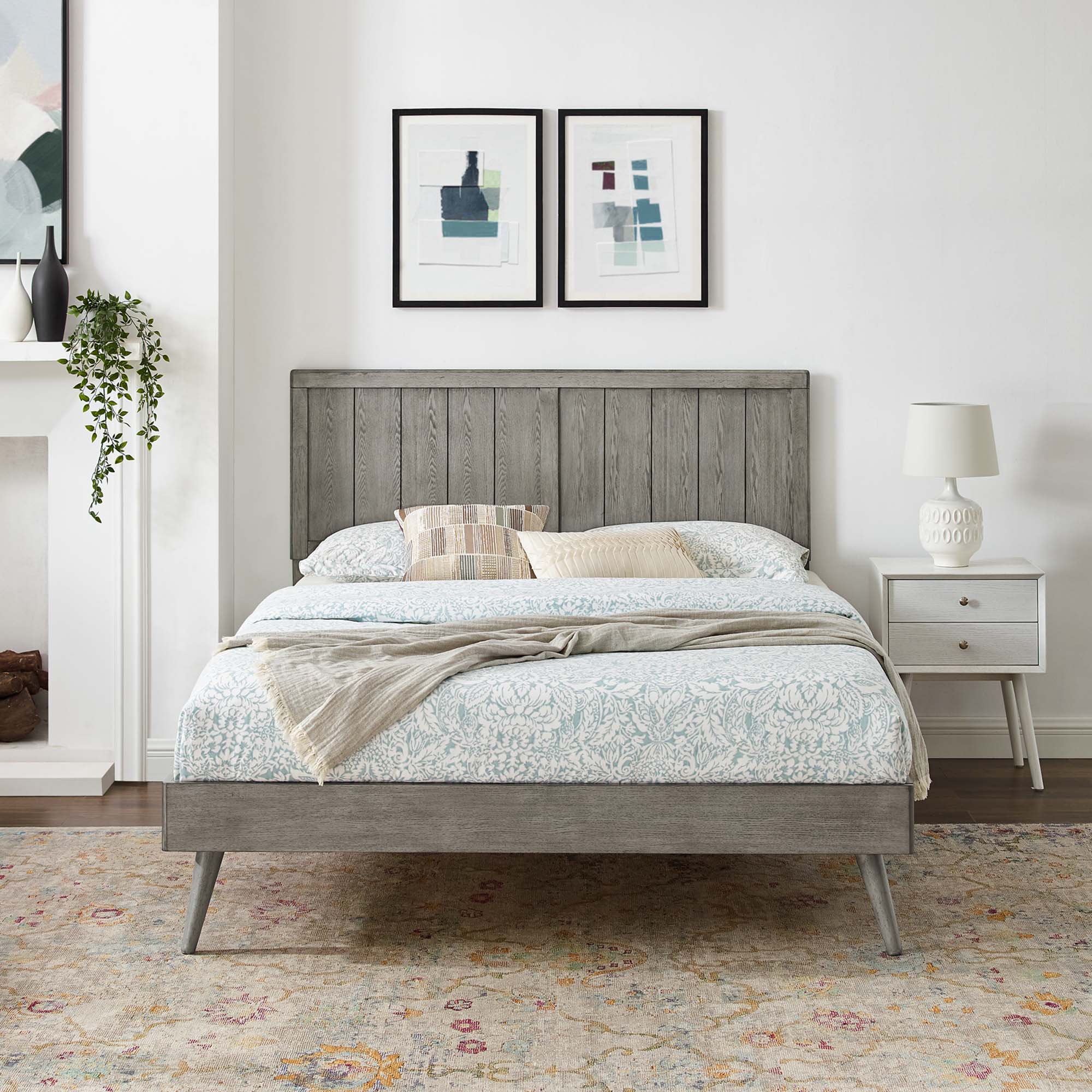 Vasco Alana Twin Gray Wood Platform Bed – Mid-Century Style with Splayed Legs