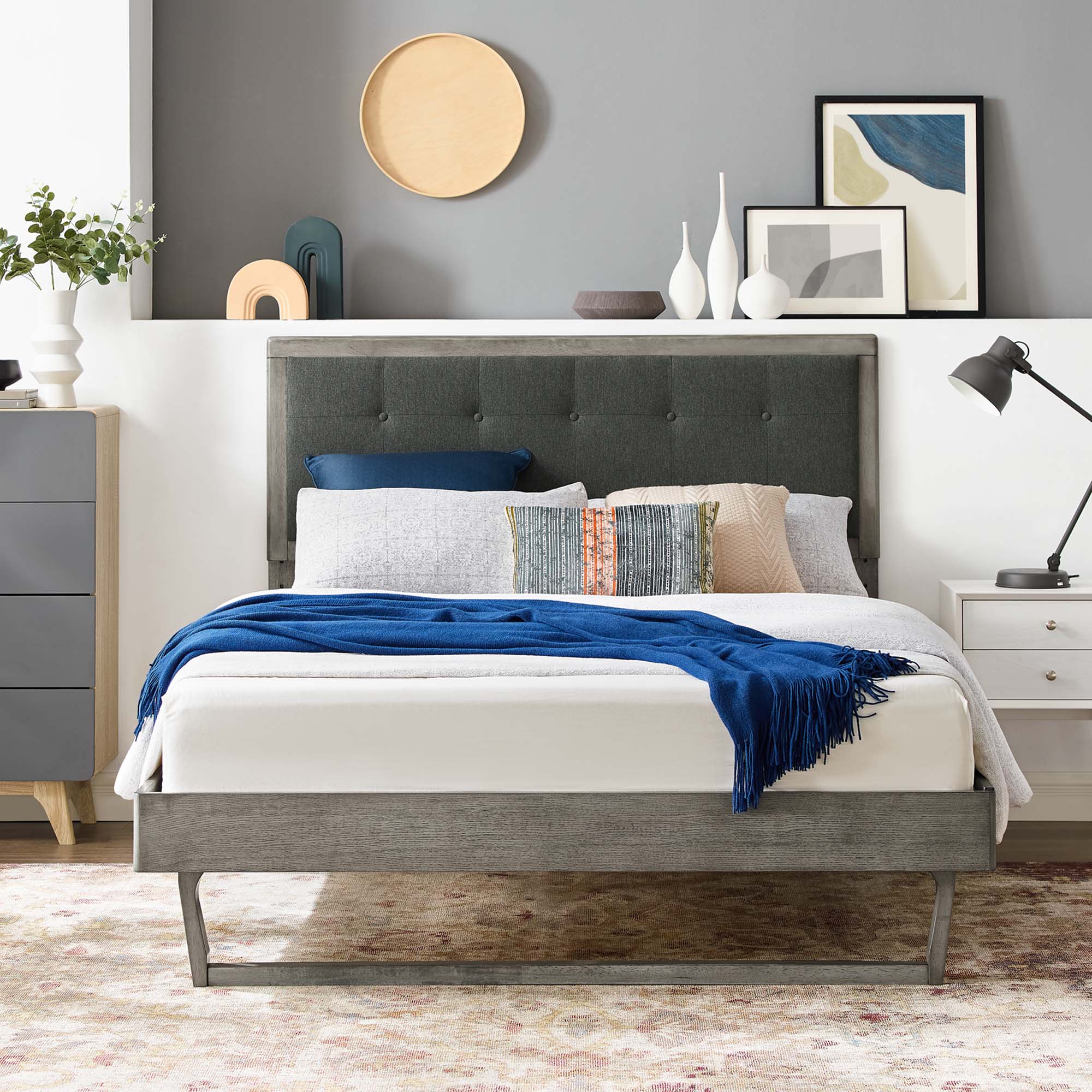 Willow Grey Charcoal King Wood Platform Bed With Angular Frame