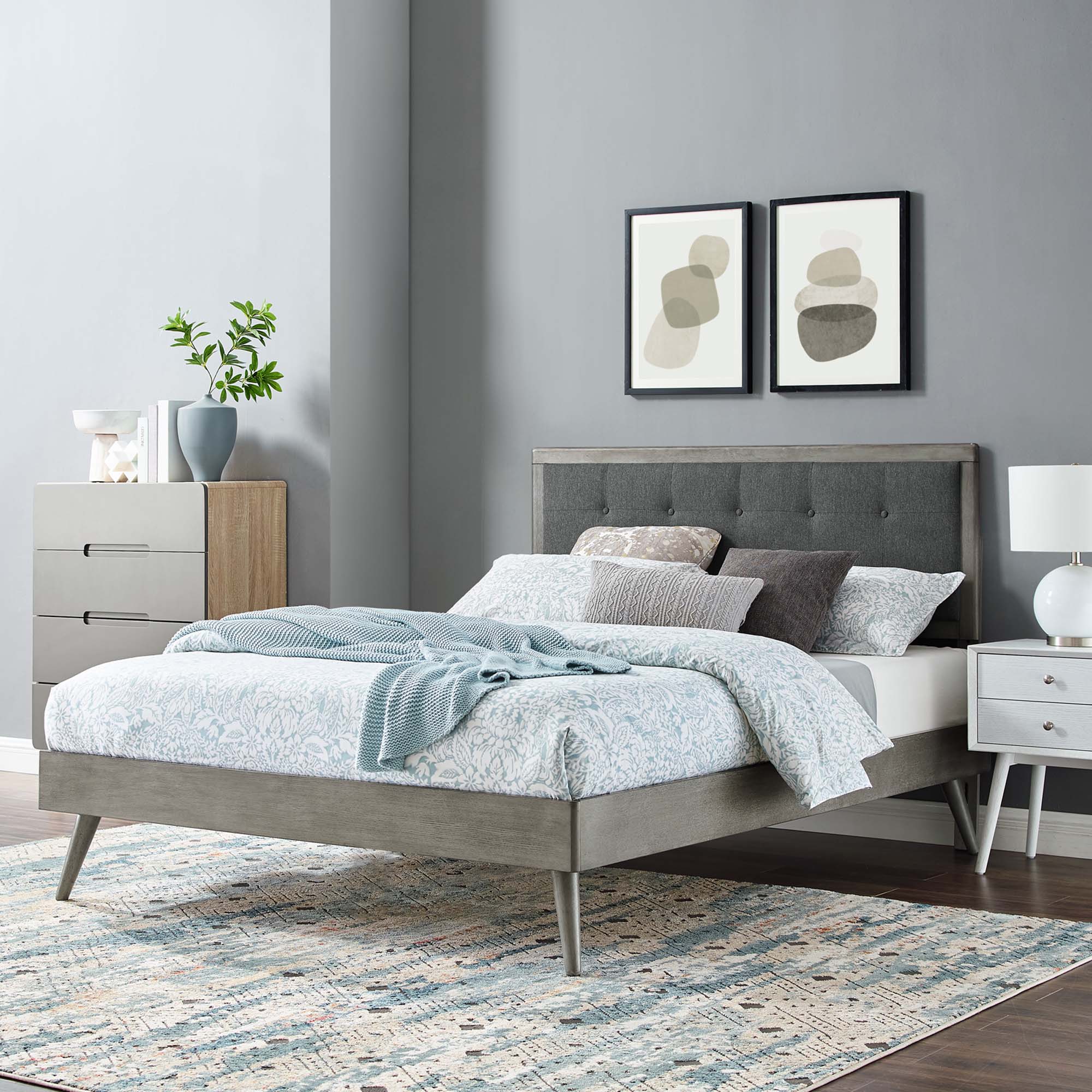 Willow Grey Charcoal Full Wood Platform Bed With Splayed Legs