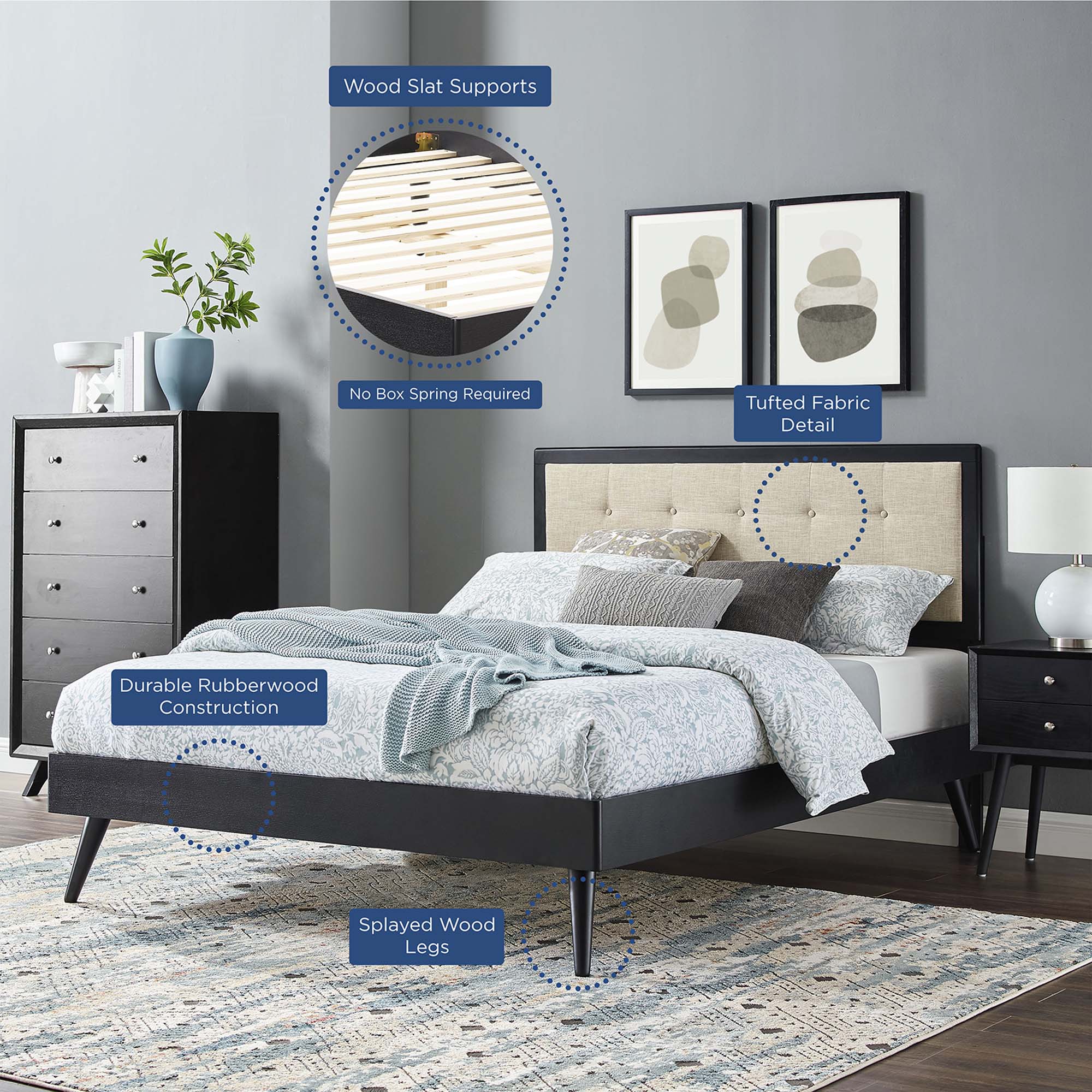 Willow Wood King Platform Bed With Splayed Legs, Black Beige