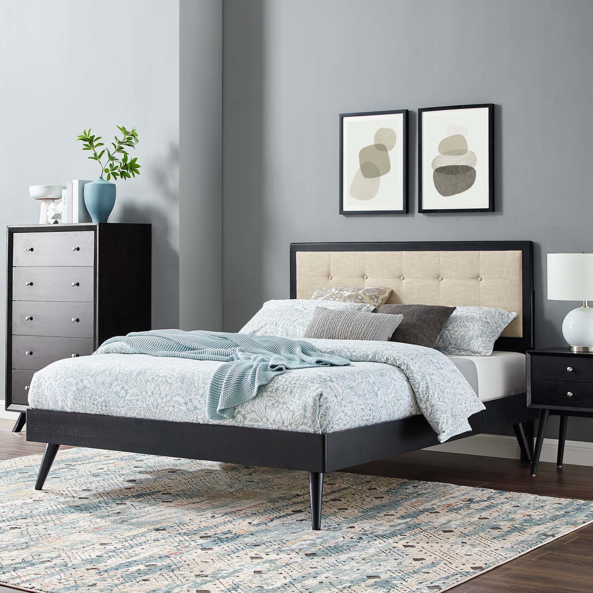 Willow Wood King Platform Bed With Splayed Legs, Black Beige