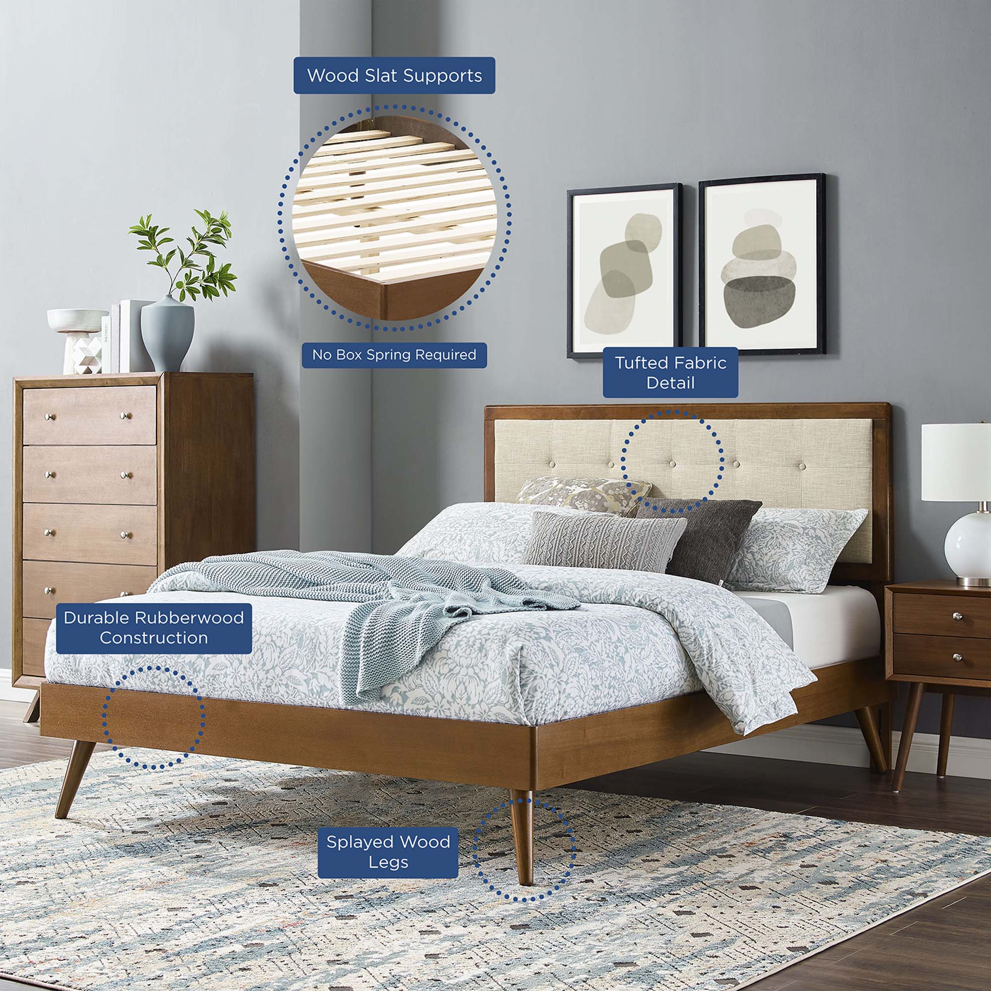 Eli King Solid Wood Platform Bed  Heavy Capacity Tufted Headboard