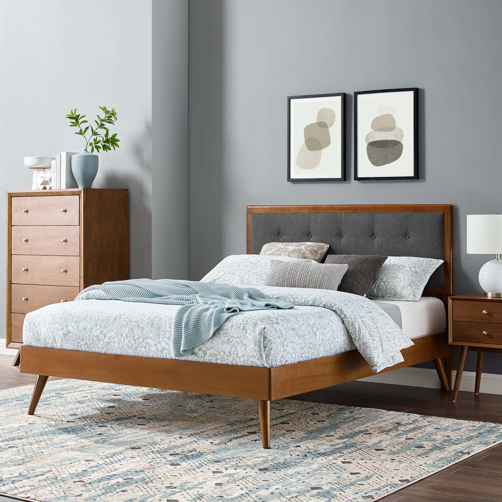 Willow Wood King Platform Bed With Splayed Legs, Walnut Charcoal