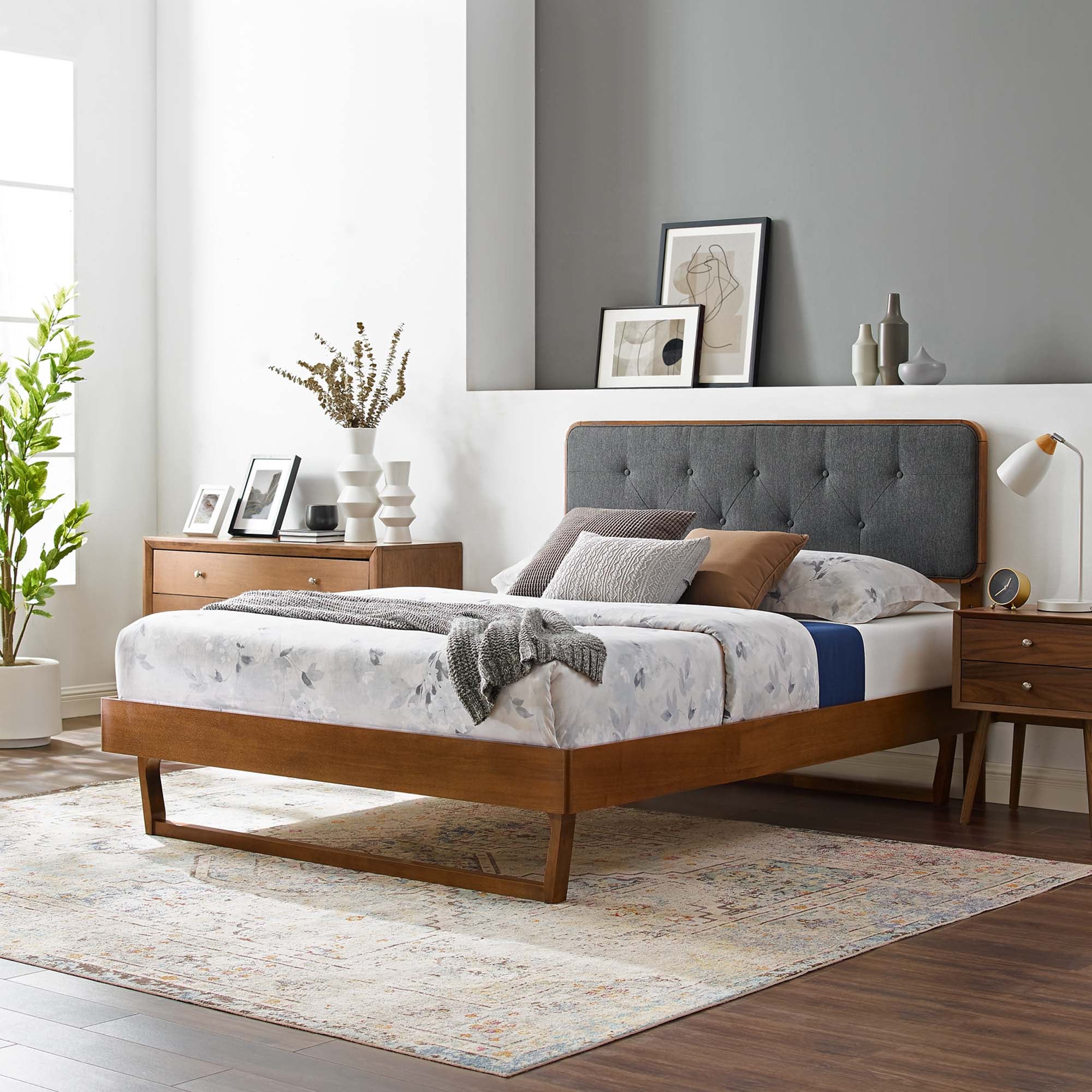 Brenith King Walnut Wood Platform Bed Set  With Tufted Headboard