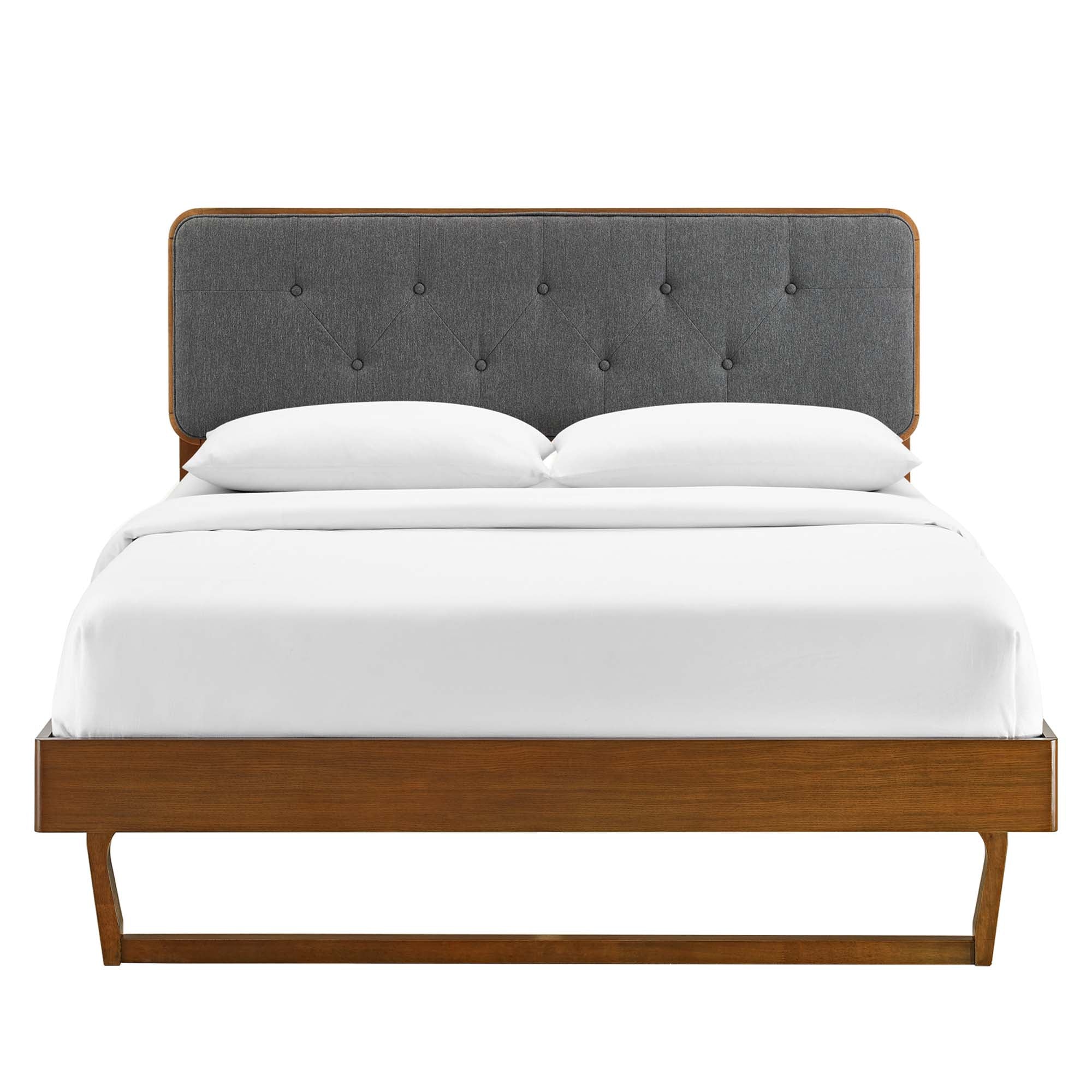 Brenith King Walnut Wood Platform Bed Set  With Tufted Headboard