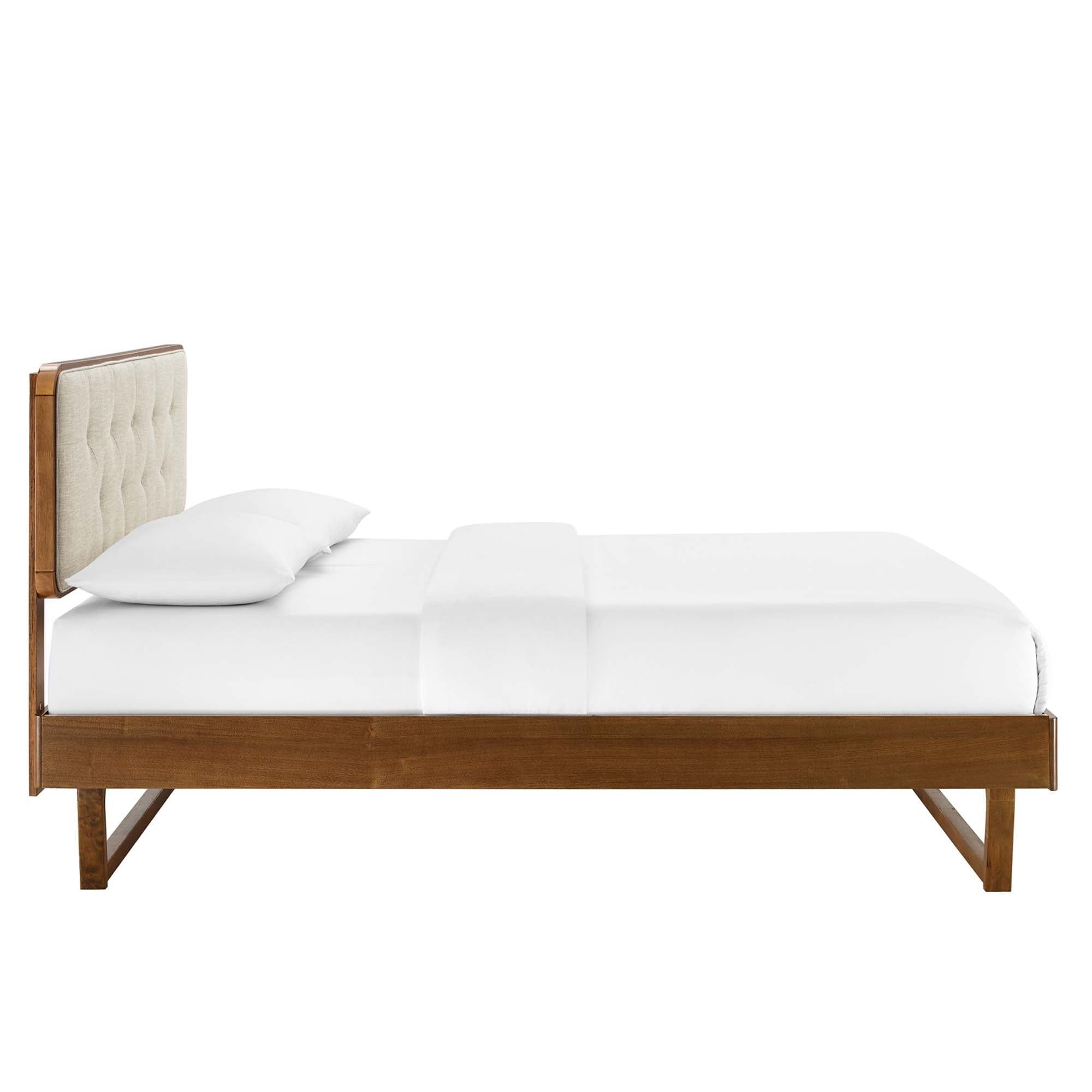 Alinar Twin Walnut Platform Bed  Wood Frame with Button Tufted Upholstered Headboard