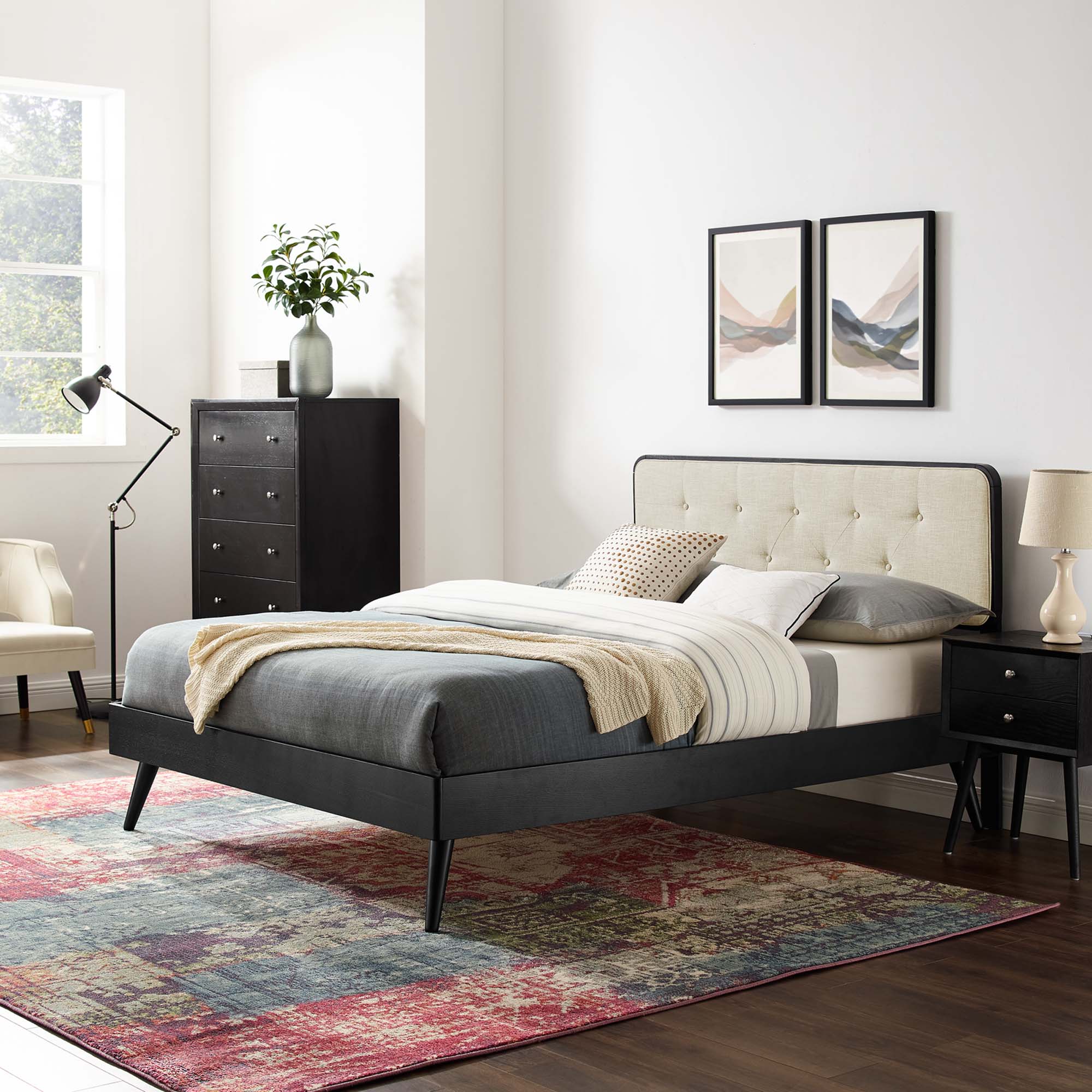 Bridgette Black Beige King Wood Platform Bed With Splayed Legs